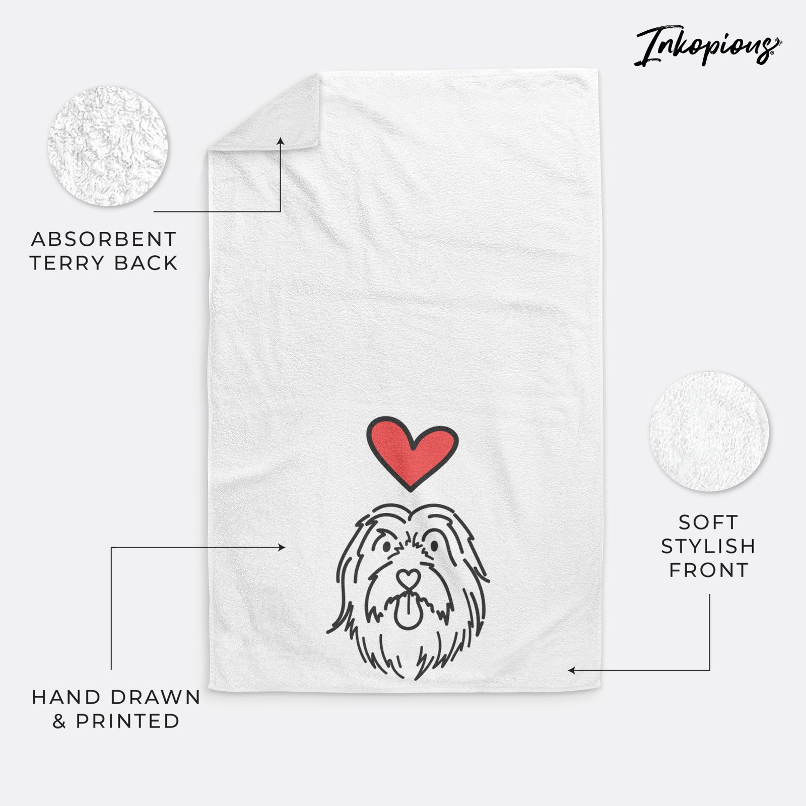 Minimalist line drawing of Tucker the Bearded Collie with a red heart on a decorative hand towel
