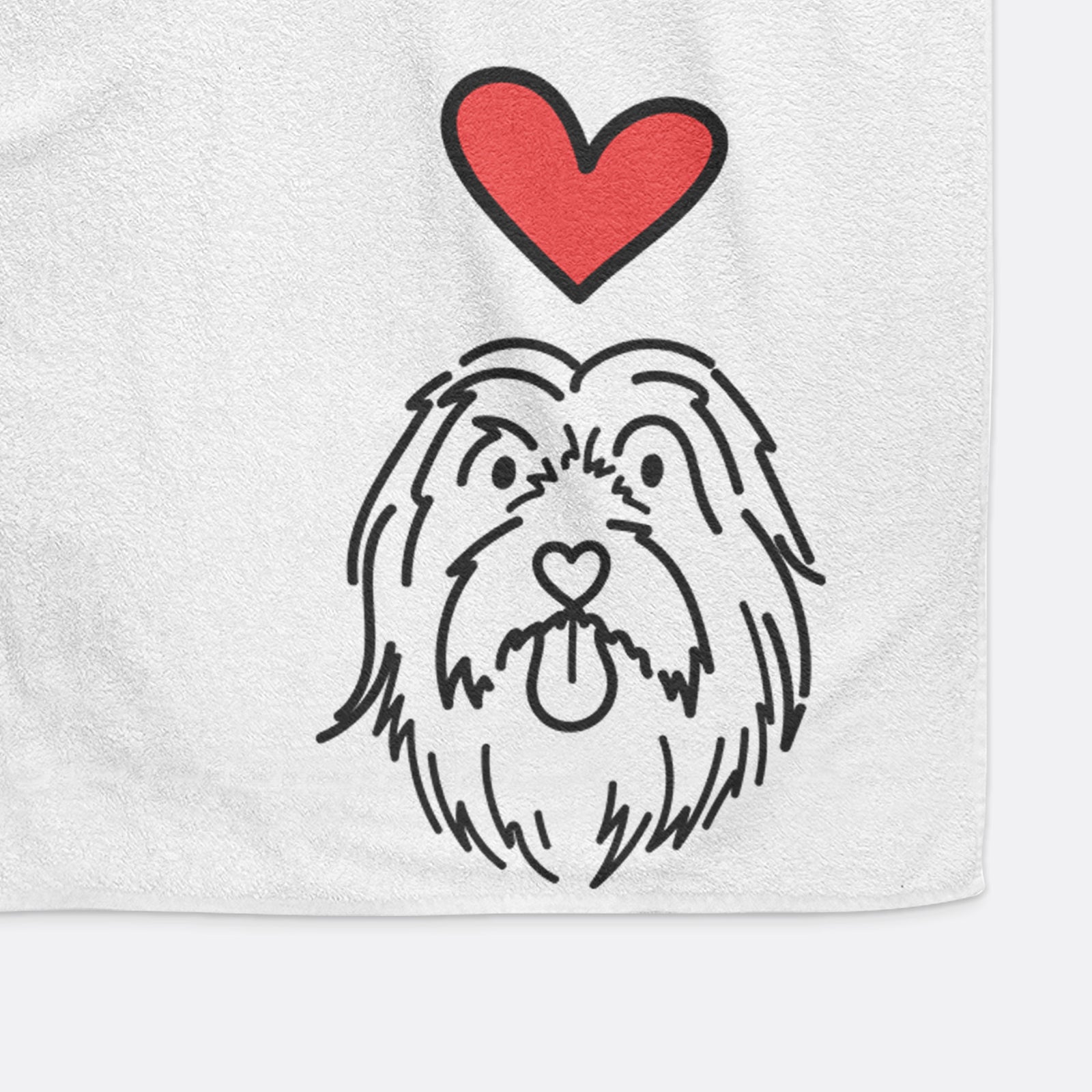Minimalist line drawing of Tucker the Bearded Collie with a red heart on a decorative hand towel