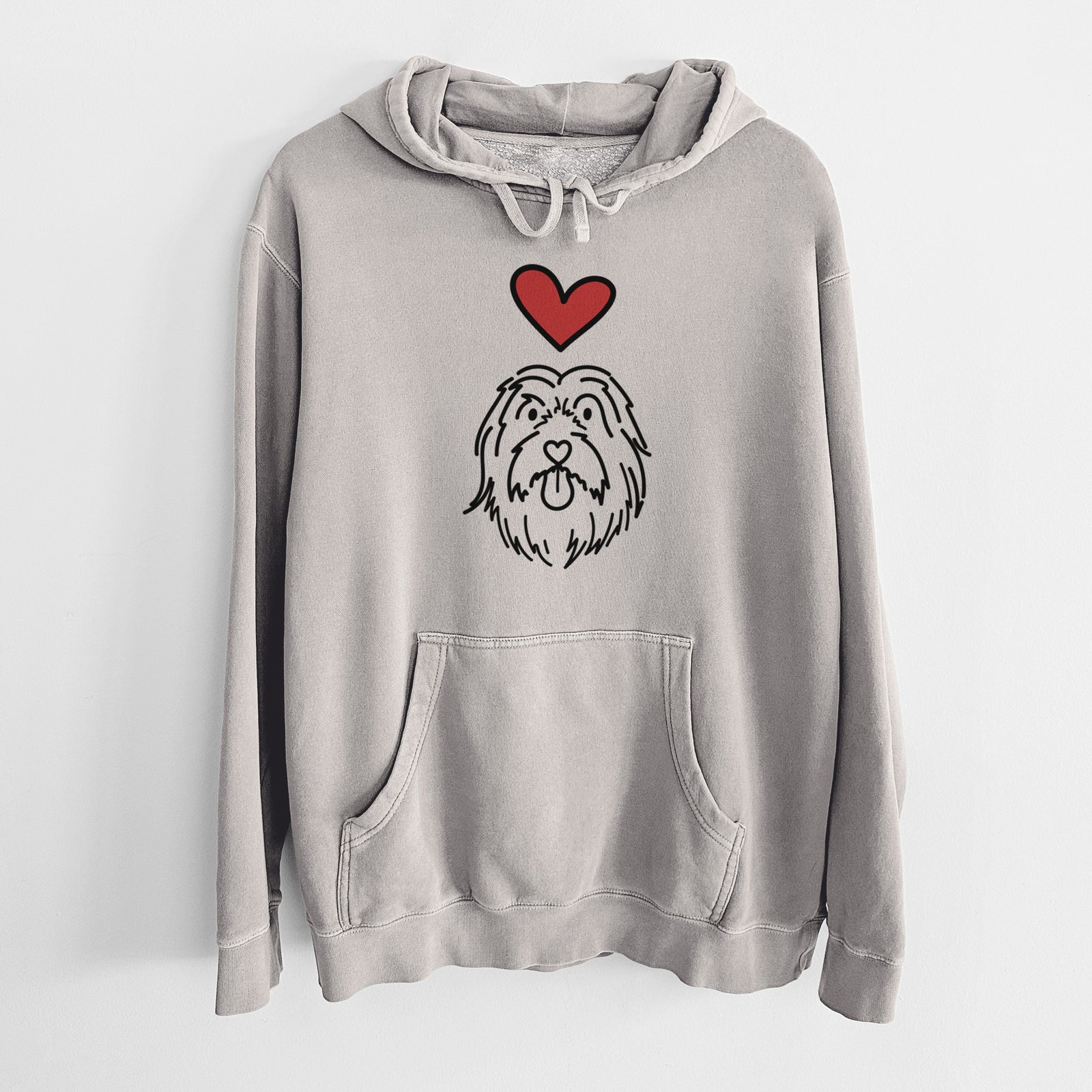 Minimalist line drawing of Tucker the Bearded Collie with a red heart on a Cement Unisex pigment dyed hoodie