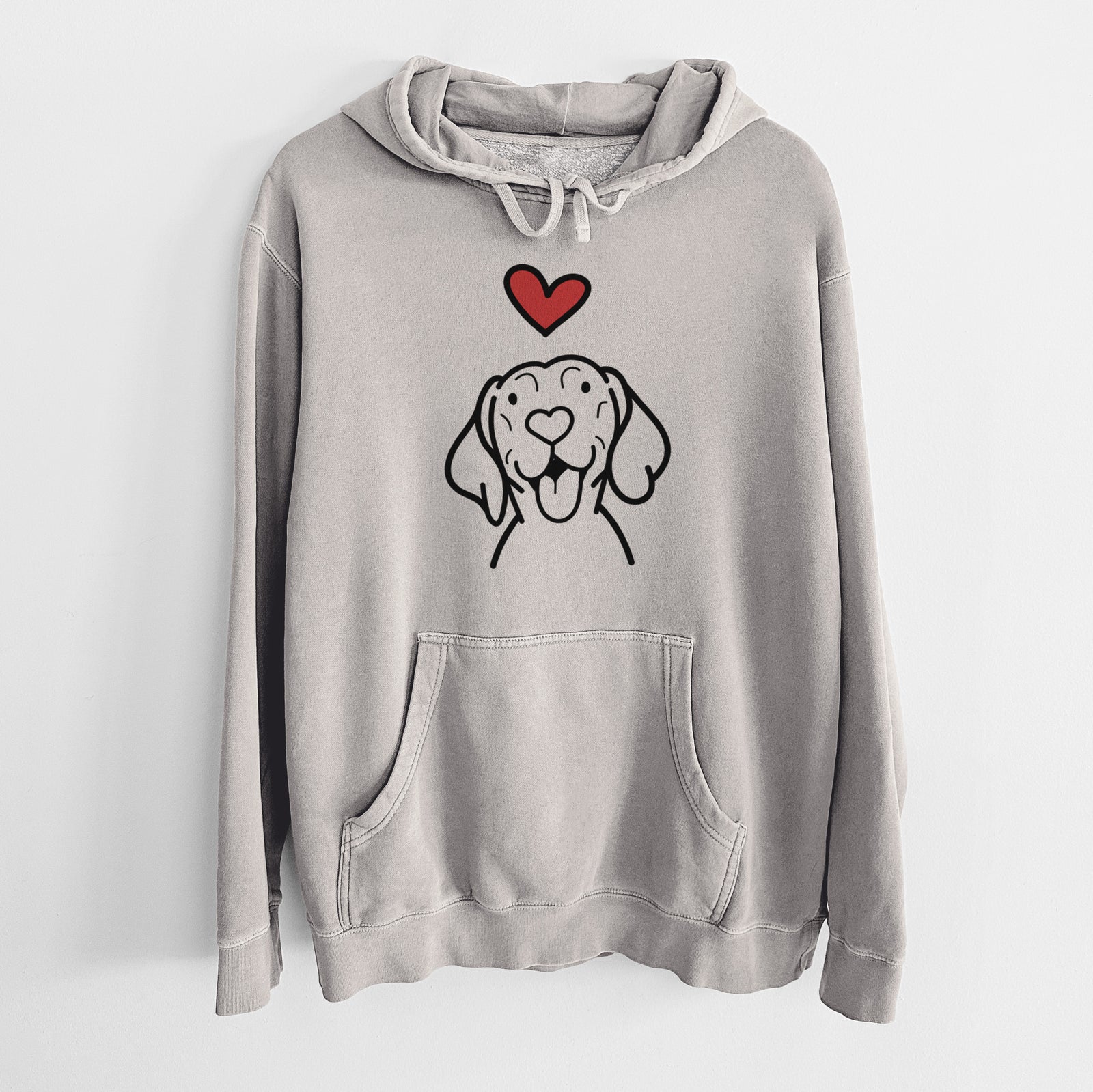 Minimalist line drawing of a Vizsla with a red heart on a Cement Unisex pigment dyed hoodie