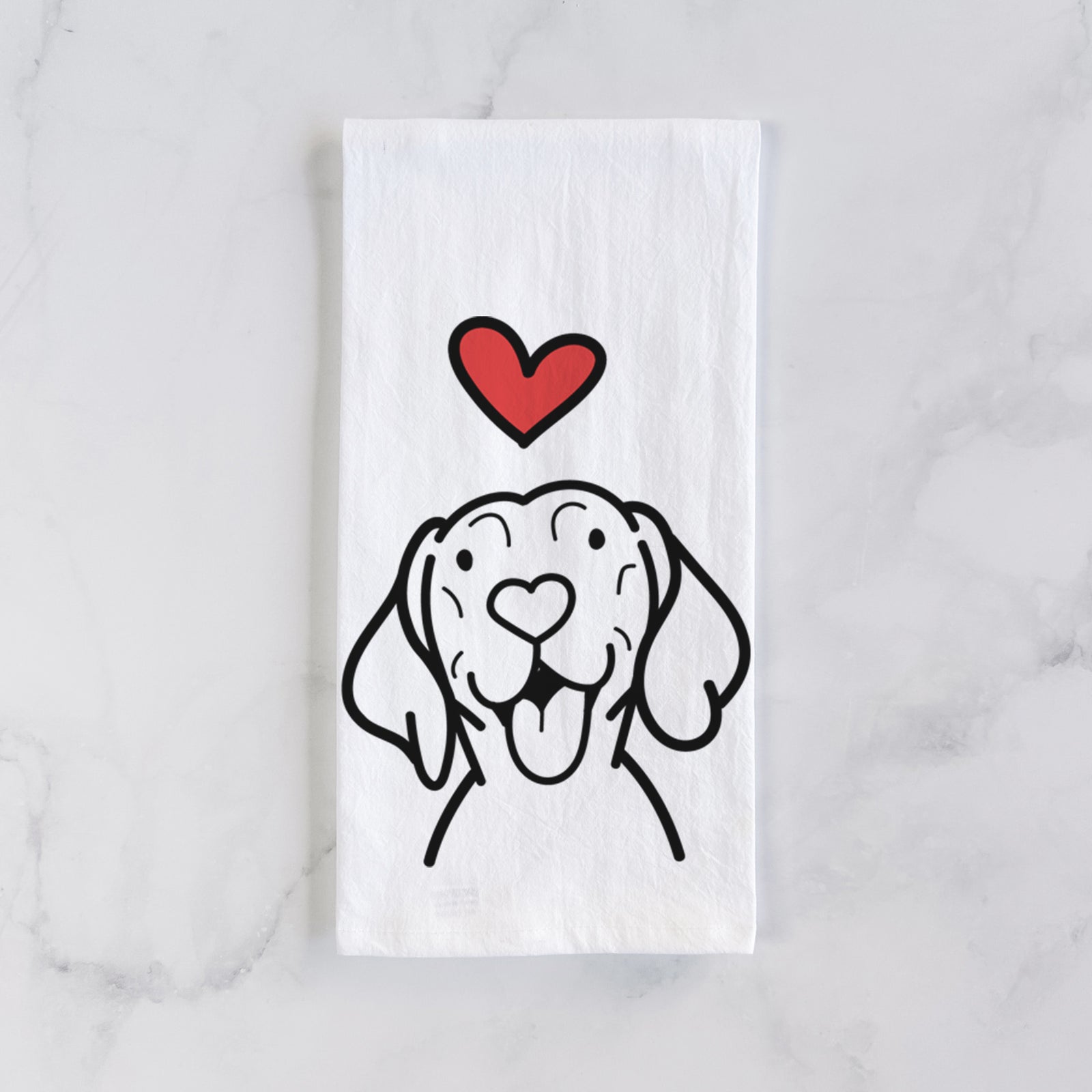 Minimalist line drawing of a Vizsla with a red heart on a tea towel