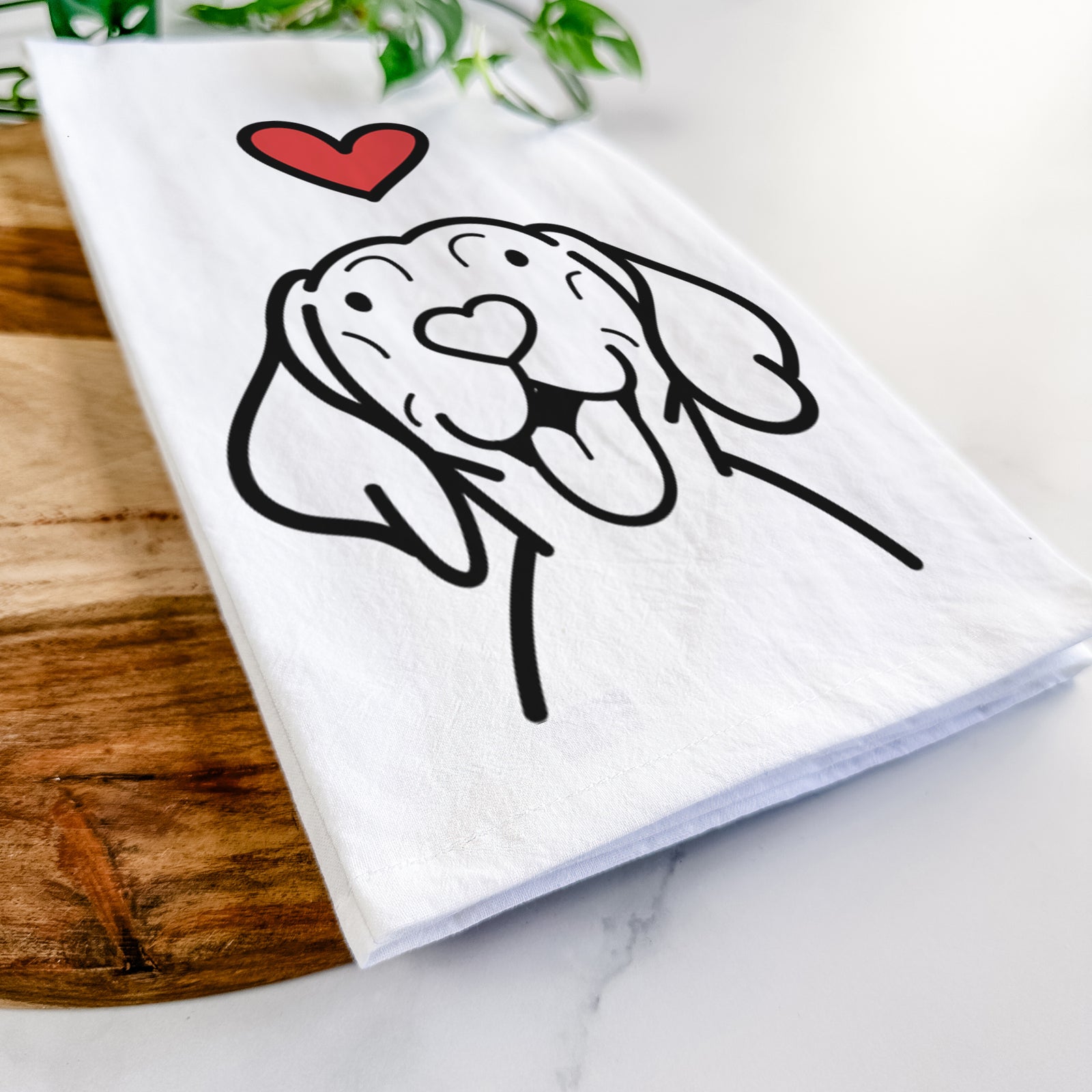 Minimalist line drawing of a Vizsla with a red heart on a tea towel