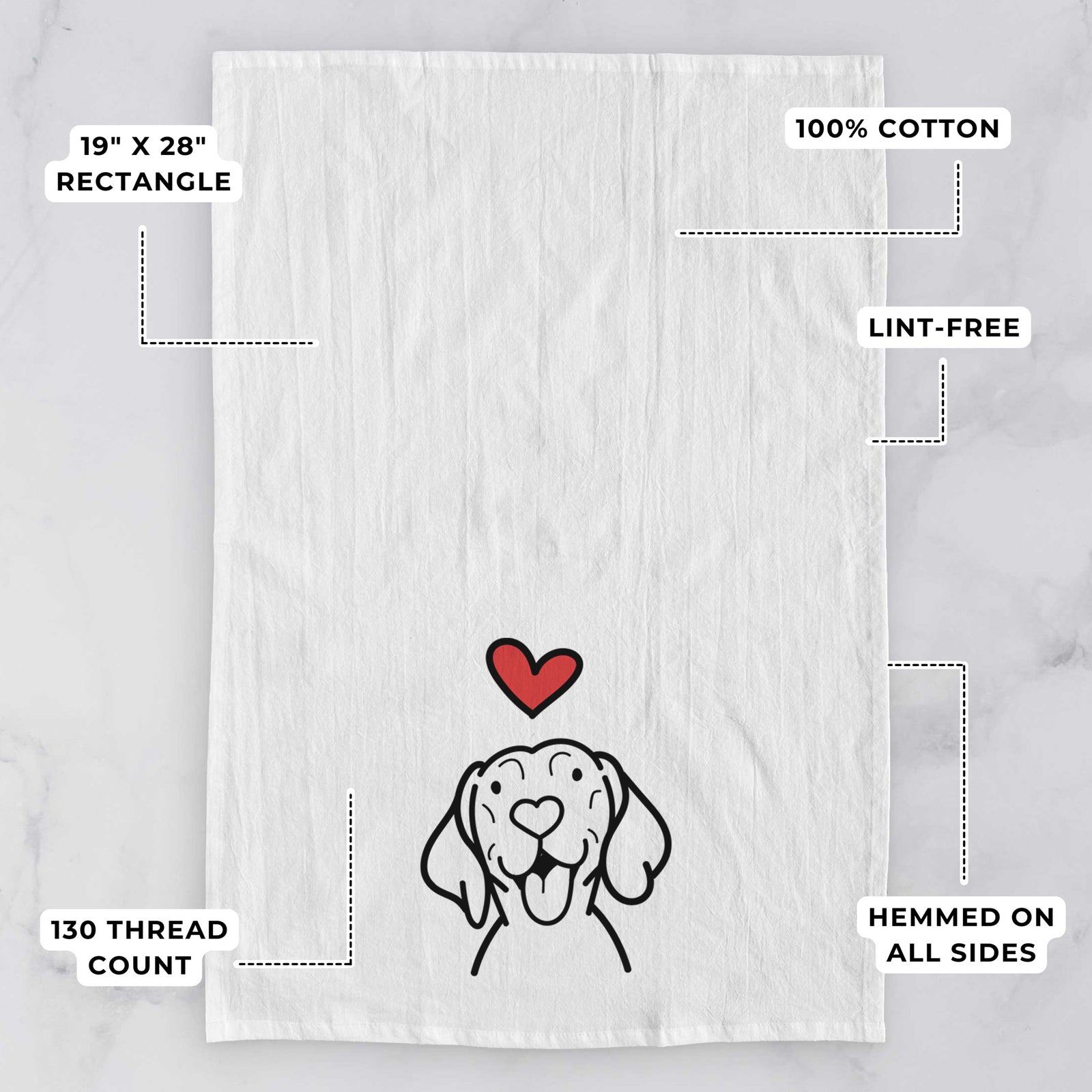 Minimalist line drawing of a Vizsla with a red heart on a tea towel, with feature callouts: 19 x 28 inch rectangle, 100% cotton, lint-free, 120 thread count, hemmed on all sides