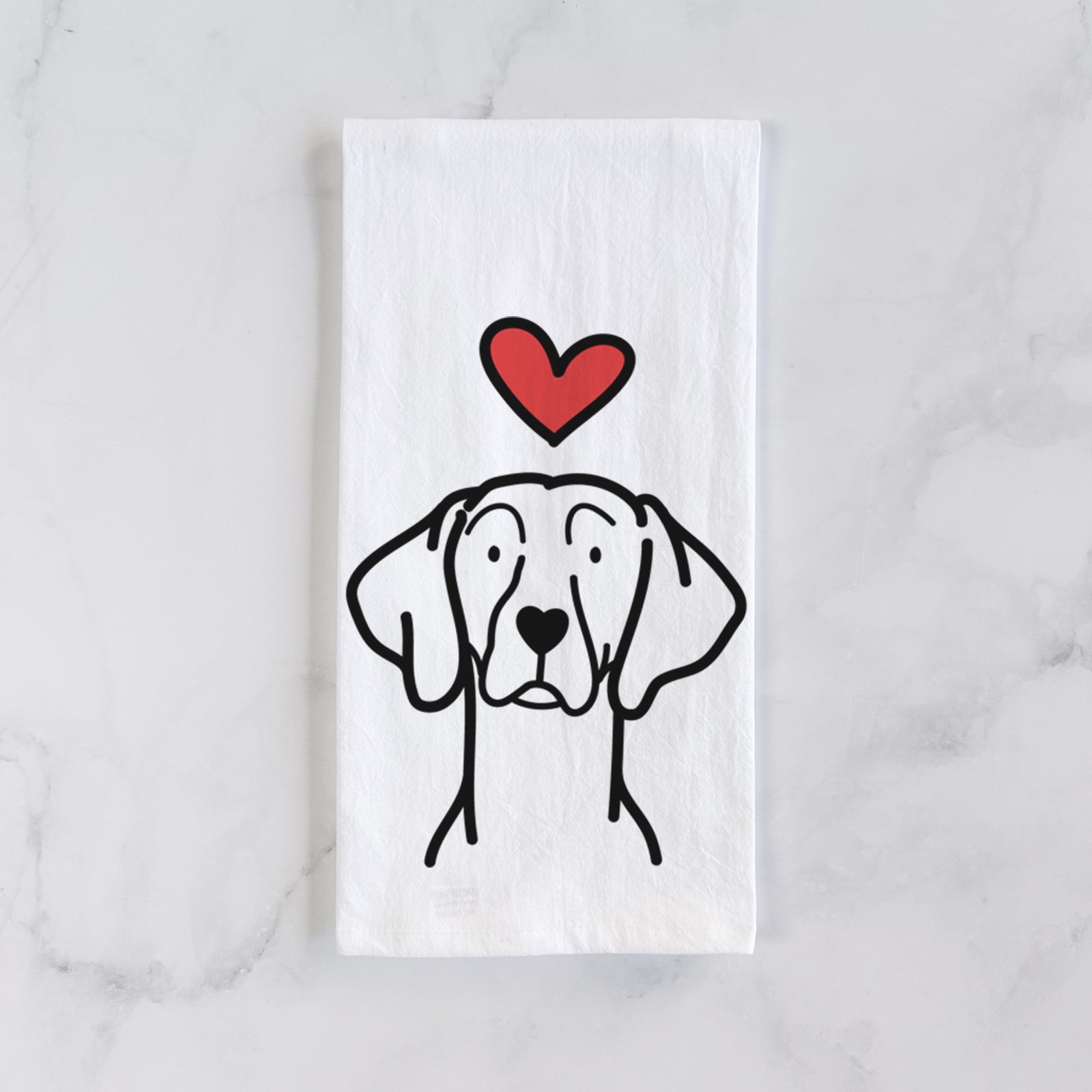 Minimalist line drawing of a Weimaraner with a red heart on a tea towel