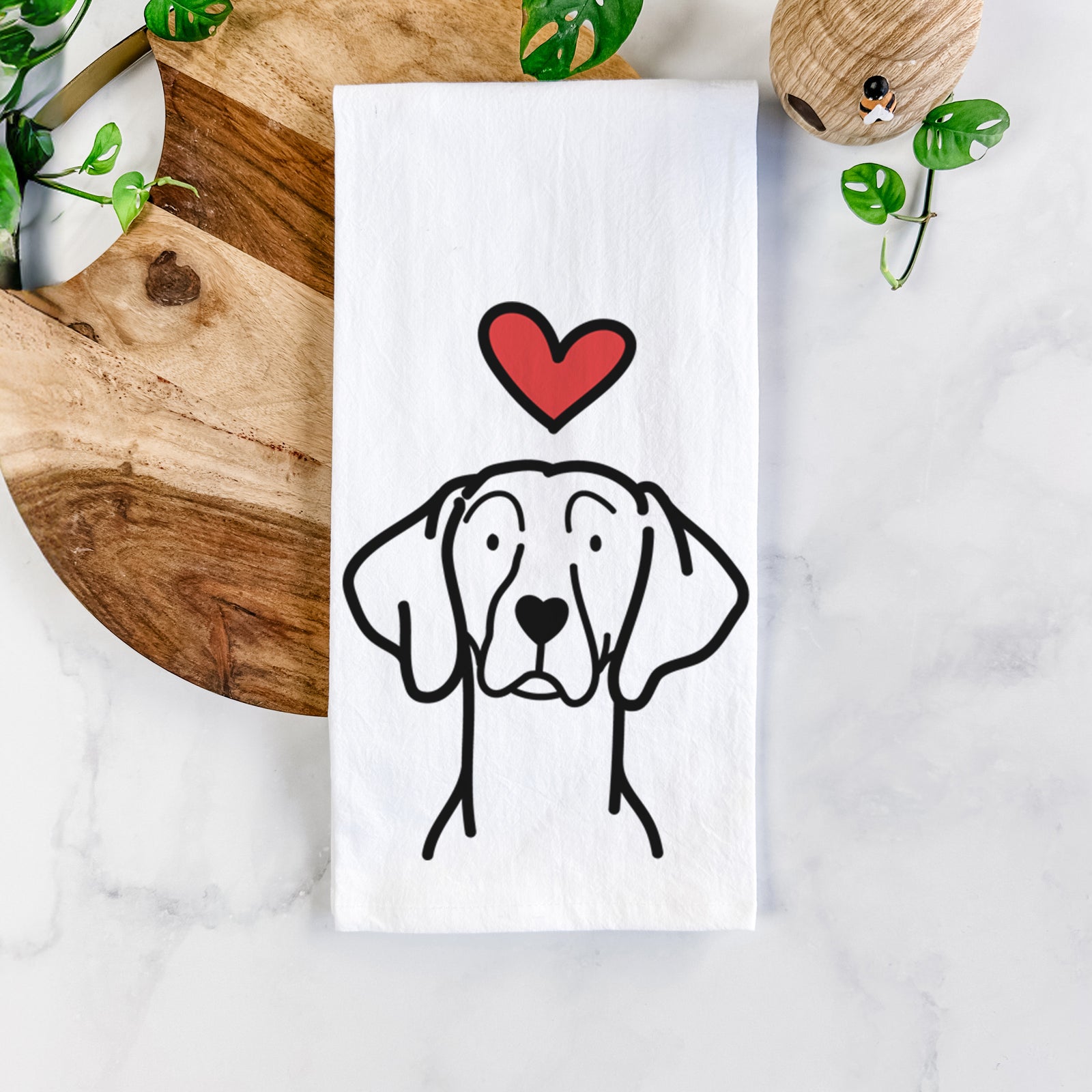 Minimalist line drawing of a Weimaraner with a red heart on a tea towel