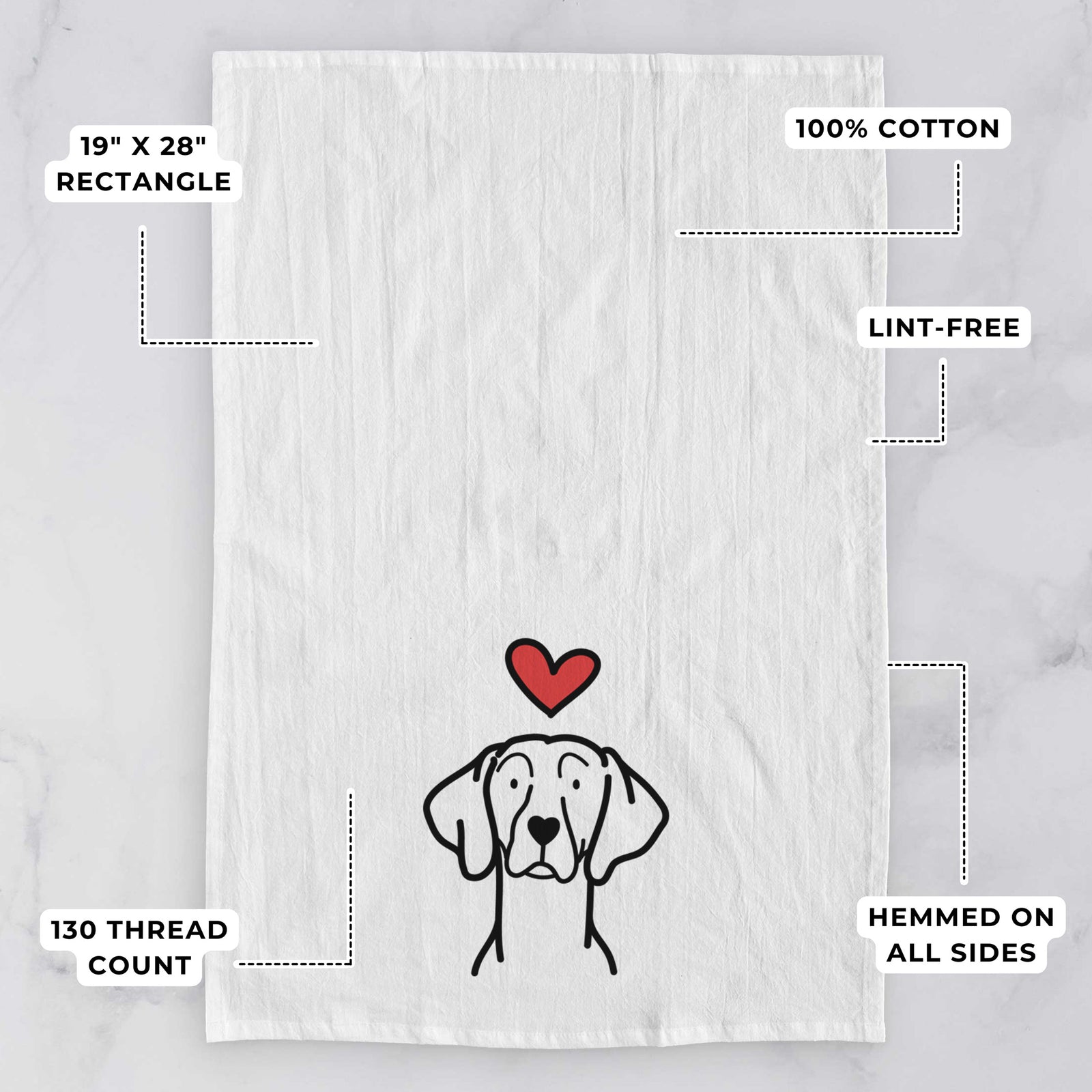 Minimalist line drawing of a Weimaraner with a red heart on a tea towel, with feature callouts: 19 x 28 inch rectangle, 100% cotton, lint-free, 120 thread count, hemmed on all sides