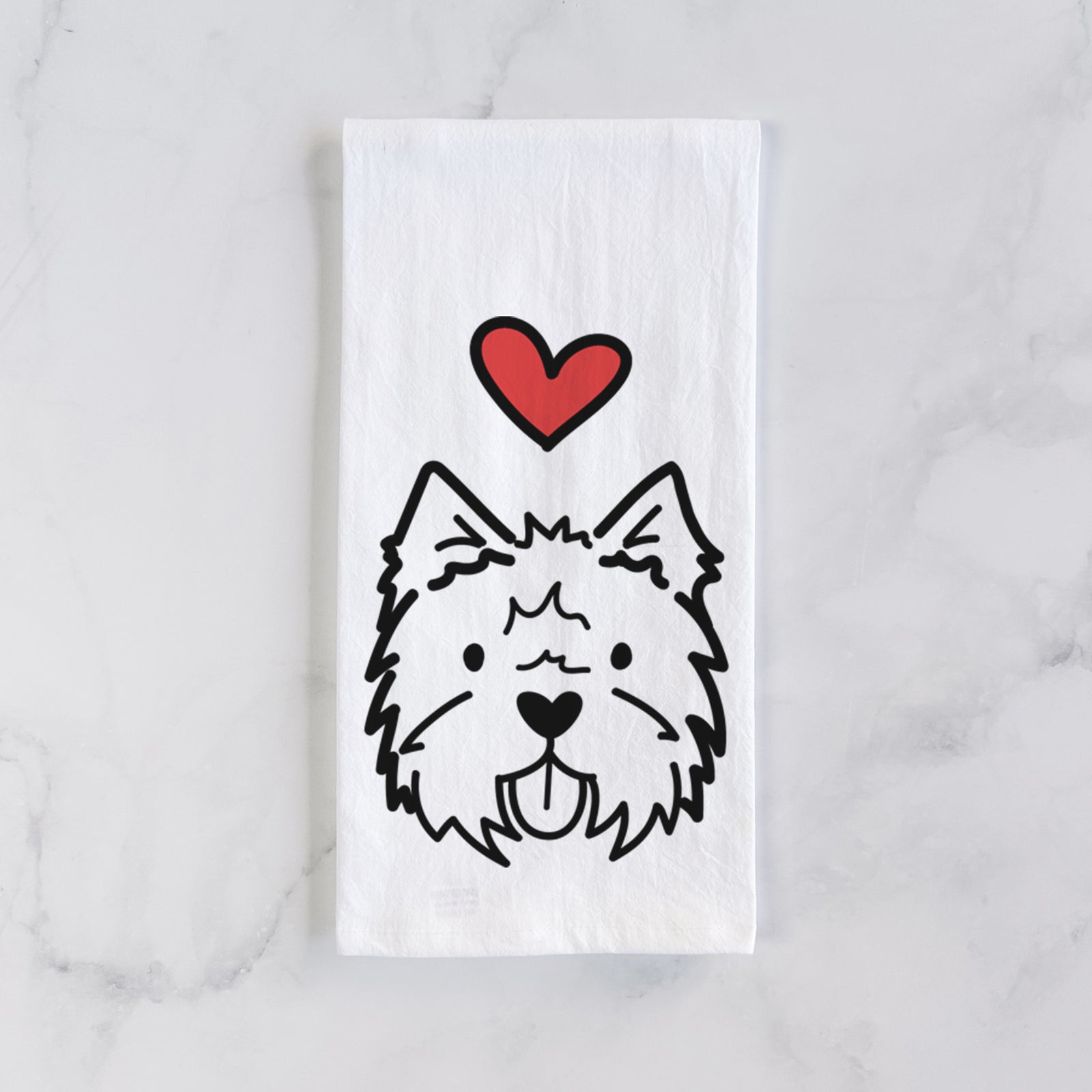 Minimalist line drawing of a West Highland Terrier with a red heart on a tea towel
