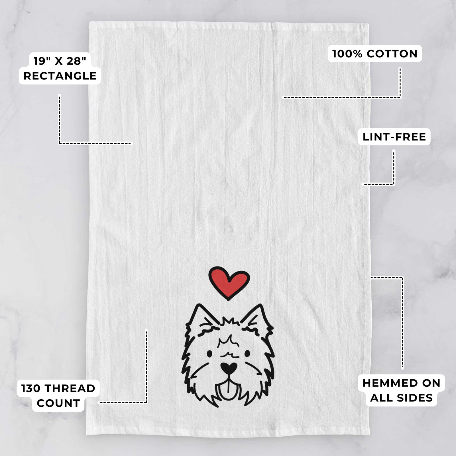 Minimalist line drawing of a West Highland Terrier with a red heart on a tea towel, with feature callouts: 19 x 28 inch rectangle, 100% cotton, lint-free, 120 thread count, hemmed on all sides