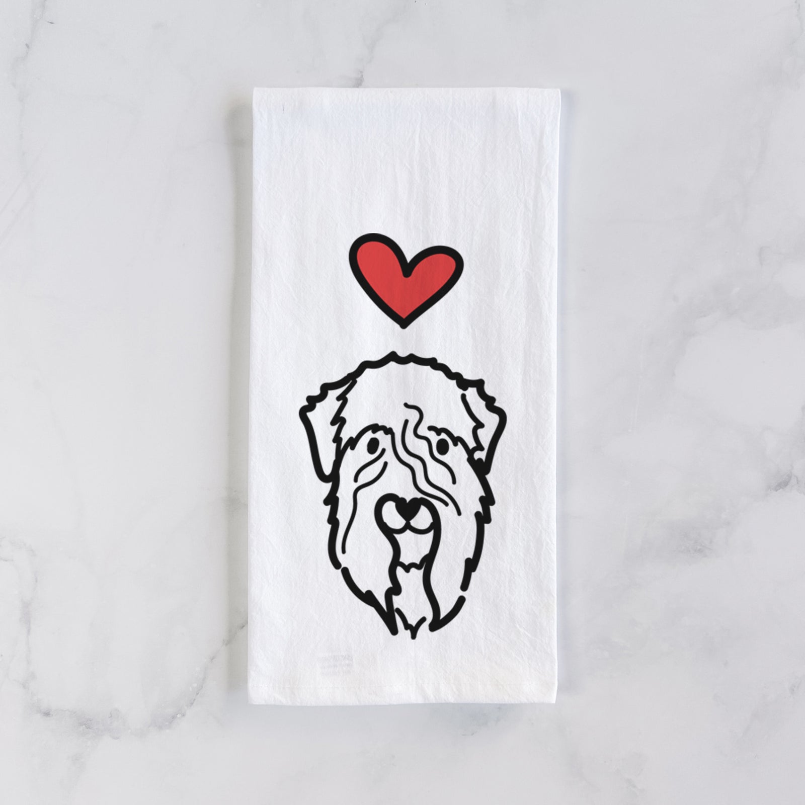 Minimalist line drawing of a Soft Coated Wheaten Terrier with a red heart on a tea towel