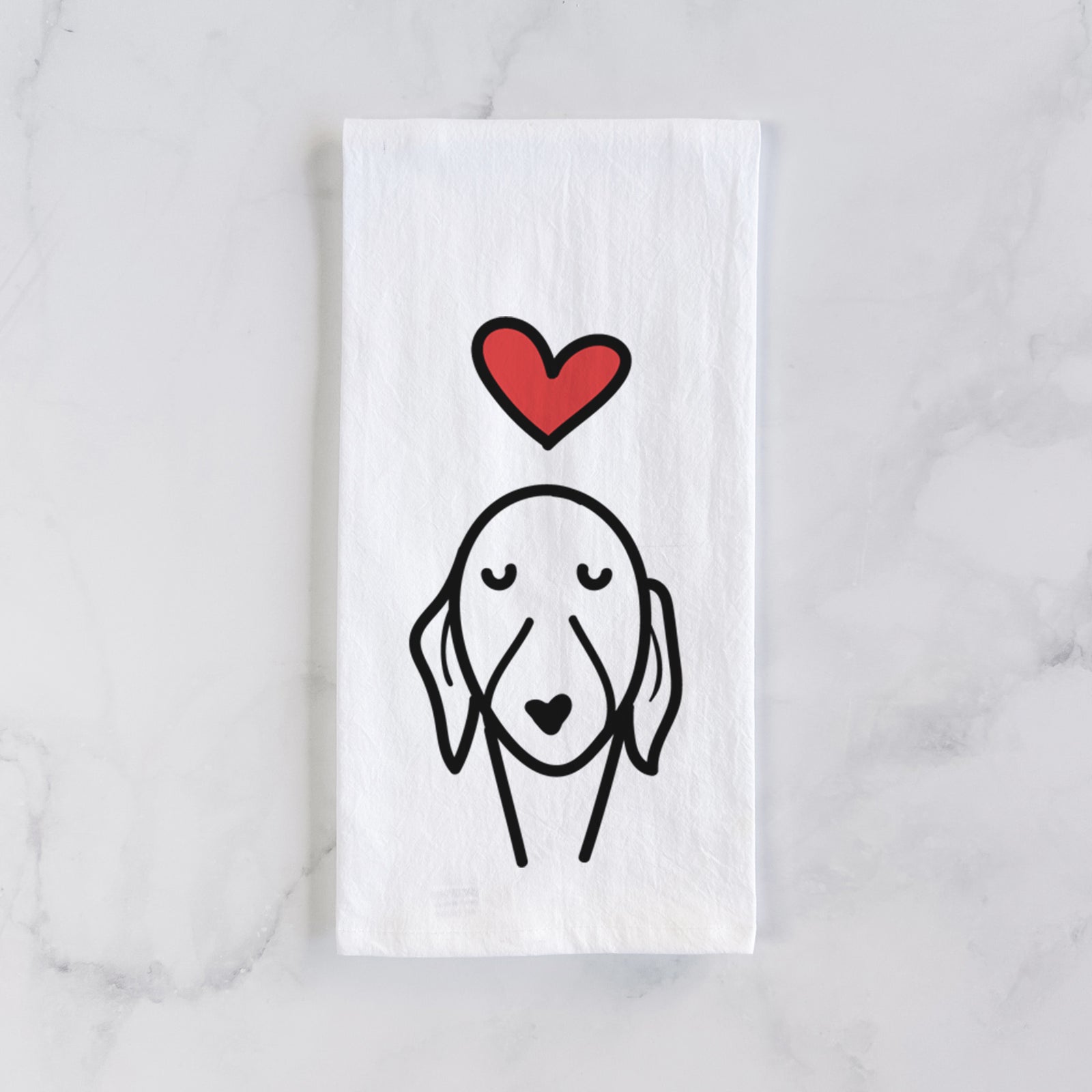 Minimalist line drawing of a Whippet with a red heart on a tea towel