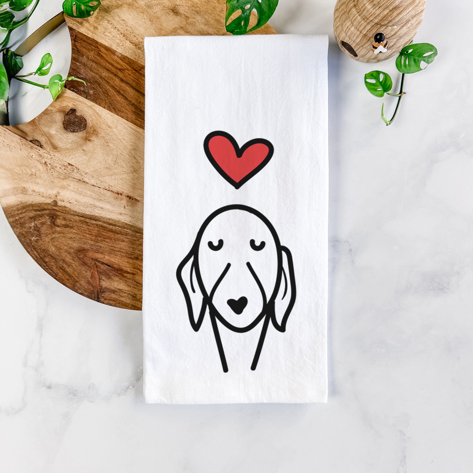 Minimalist line drawing of a Whippet with a red heart on a tea towel