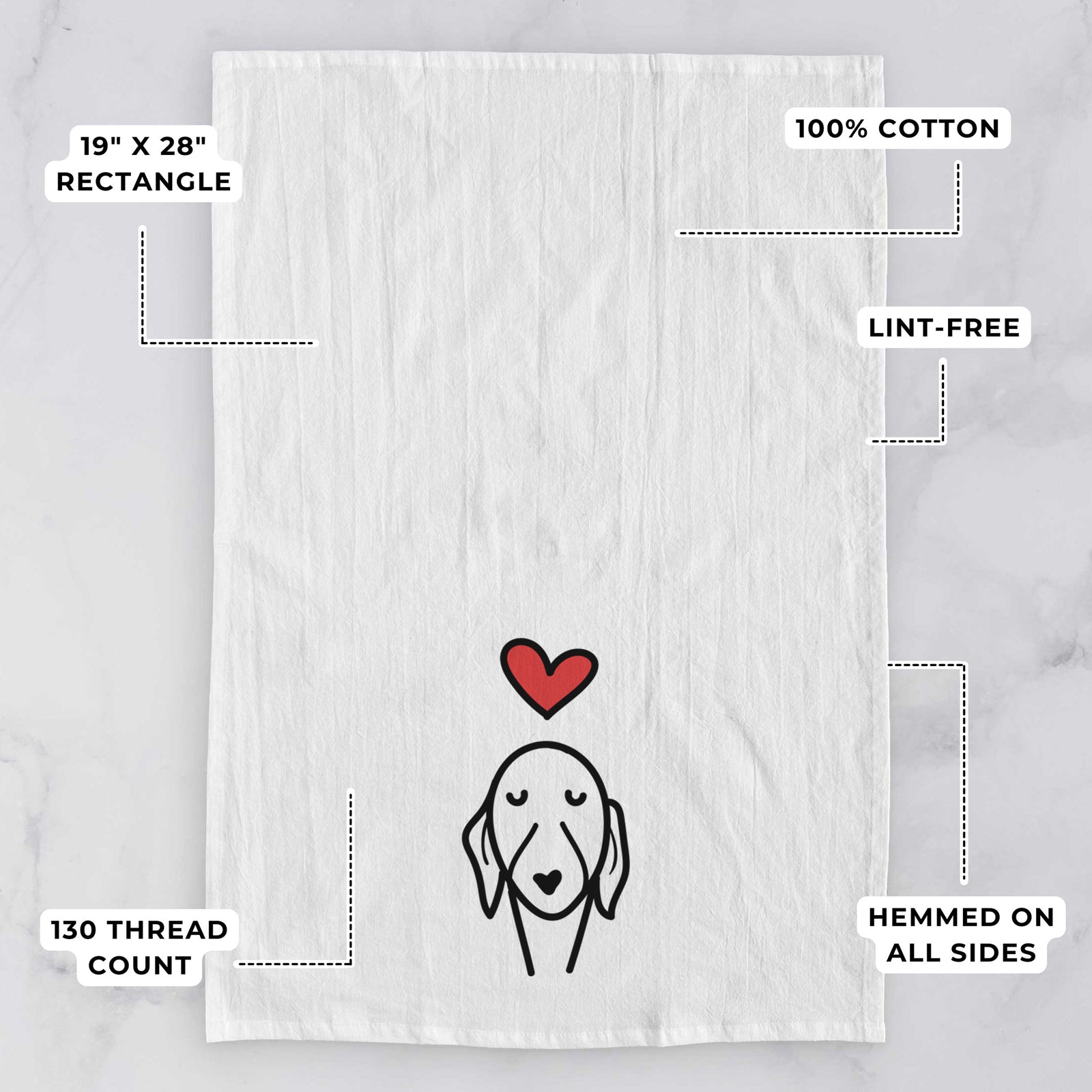 Minimalist line drawing of a Whippet with a red heart on a tea towel, with feature callouts: 19 x 28 inch rectangle, 100% cotton, lint-free, 120 thread count, hemmed on all sides