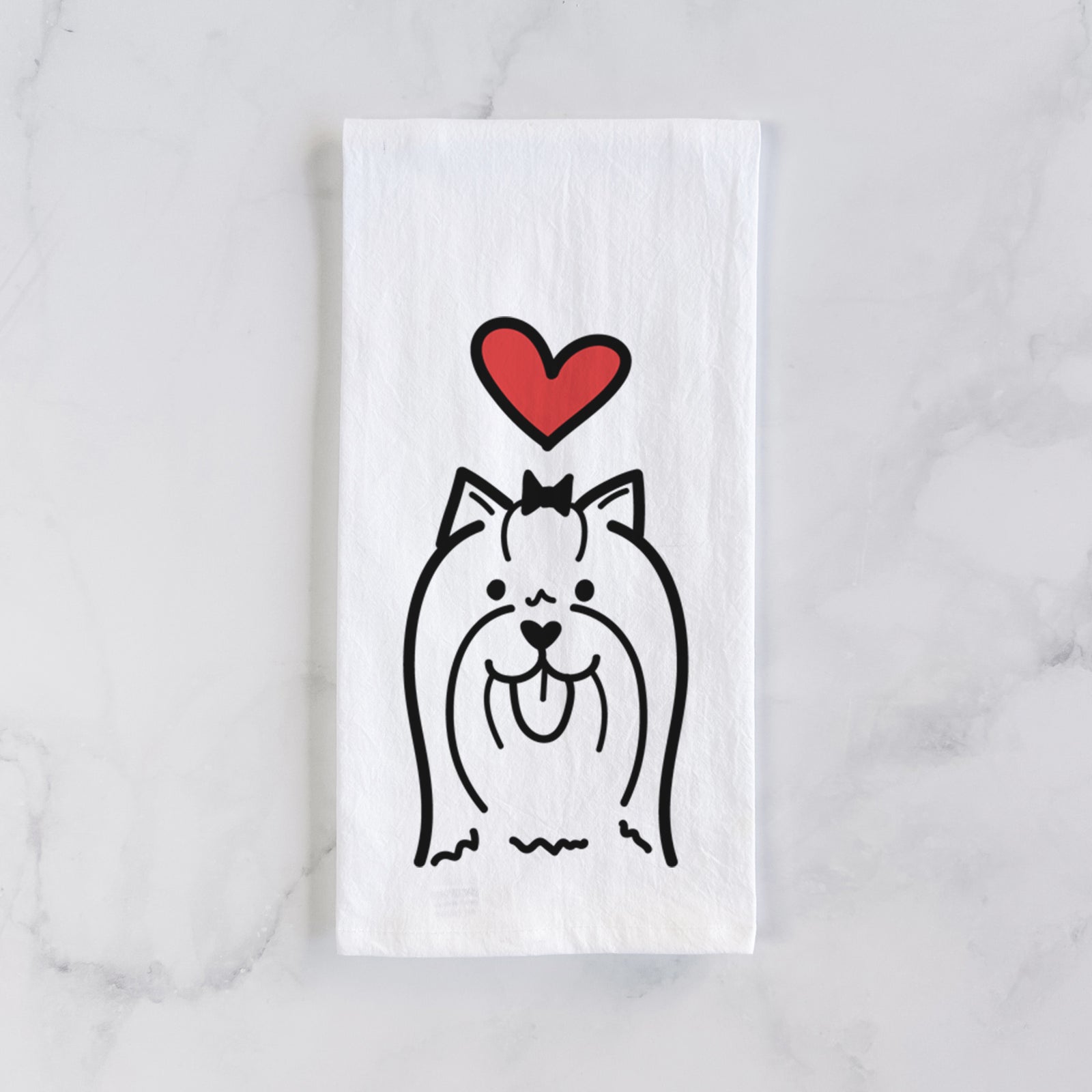 Minimalist line drawing of a Yorkshire Terrier with a red heart on a tea towel