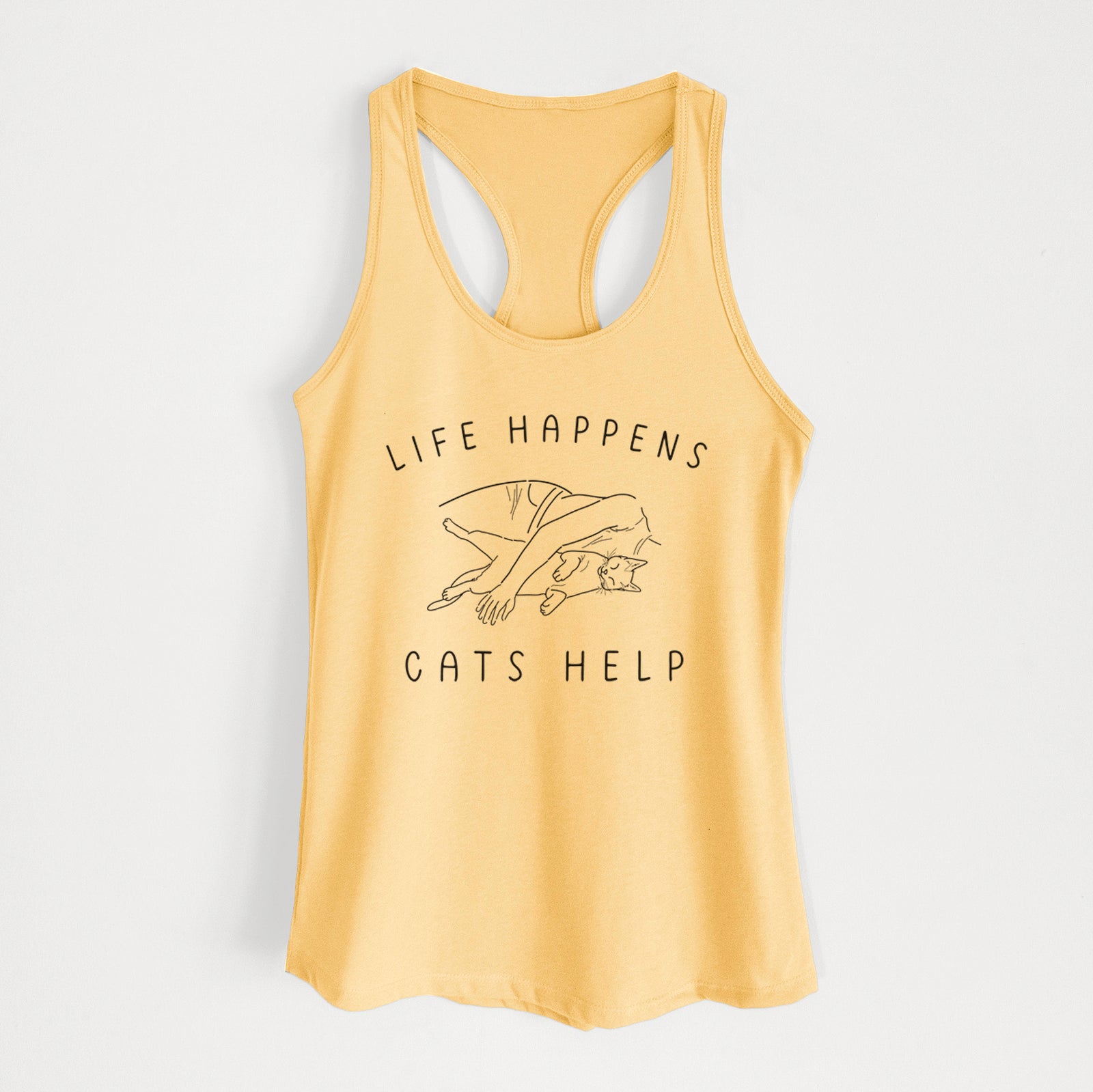'Life Happens Cats Help - Shorthair Cat' design on a Banana Cream Women's racerback tanktop