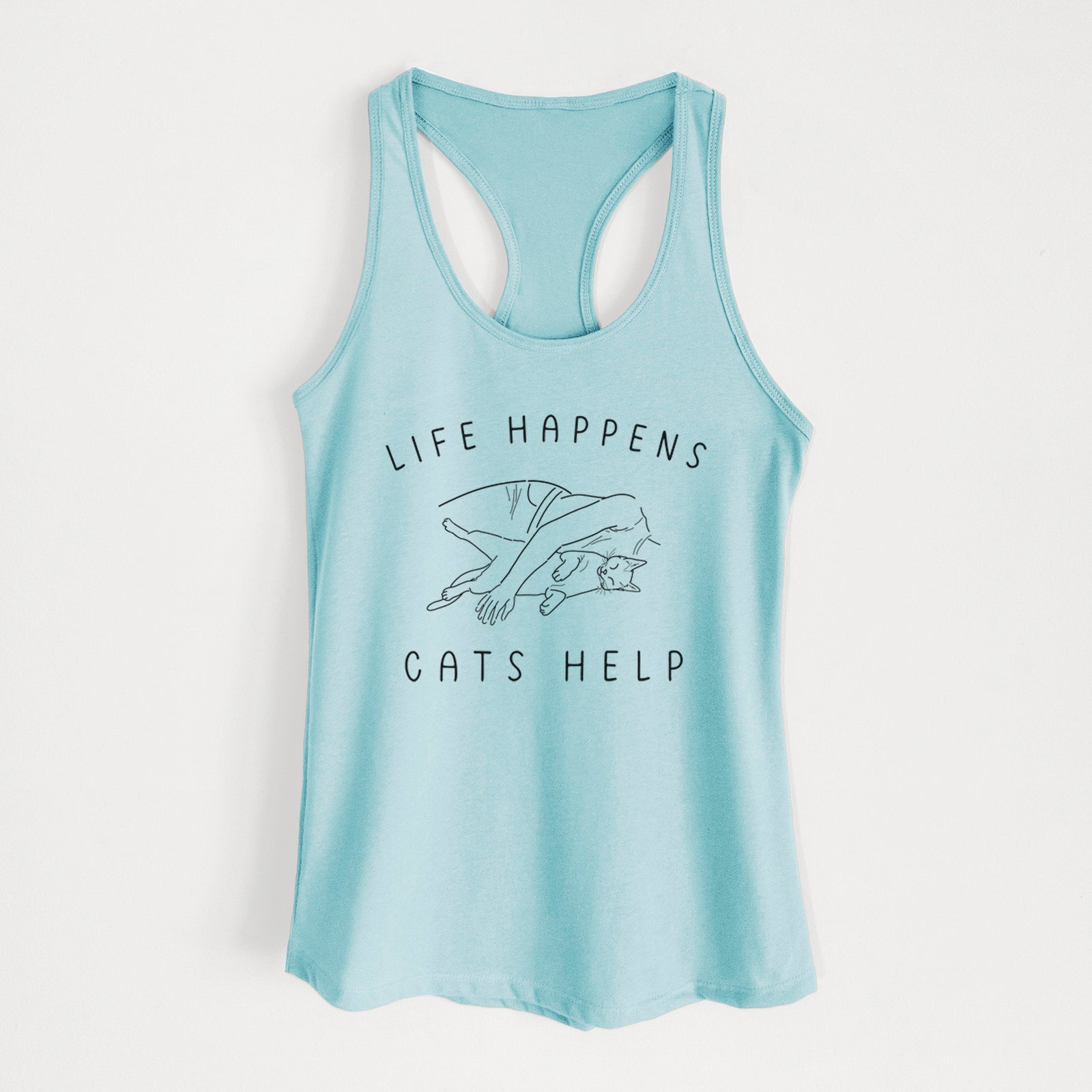'Life Happens Cats Help - Shorthair Cat' design on a Cancun Blue Women's racerback tanktop