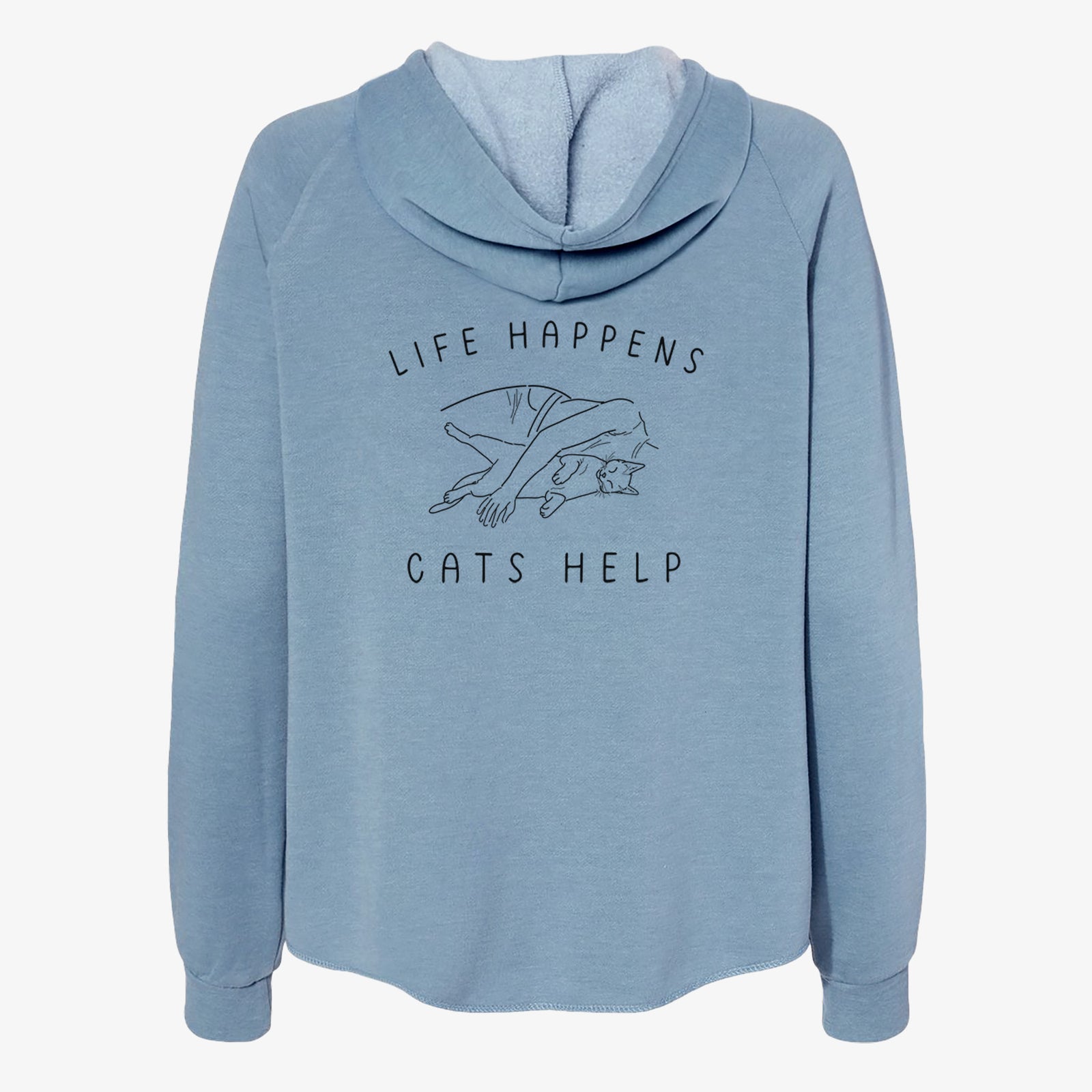 'Life Happens Cats Help - Shorthair Cat' design on a Misty Blue Women's cali wave zip-up sweatshirt