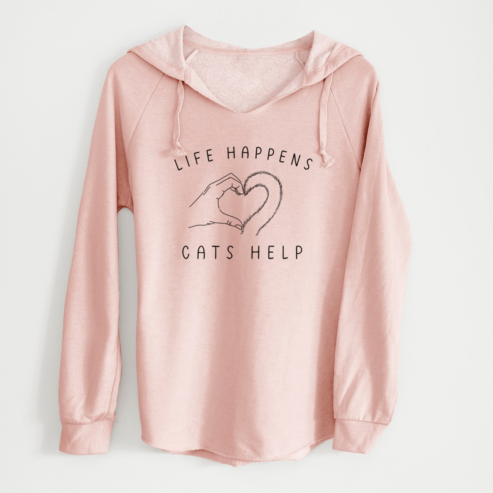 'Life Happens Cats Help' design on a Blush Cali Wave Hooded Sweatshirt