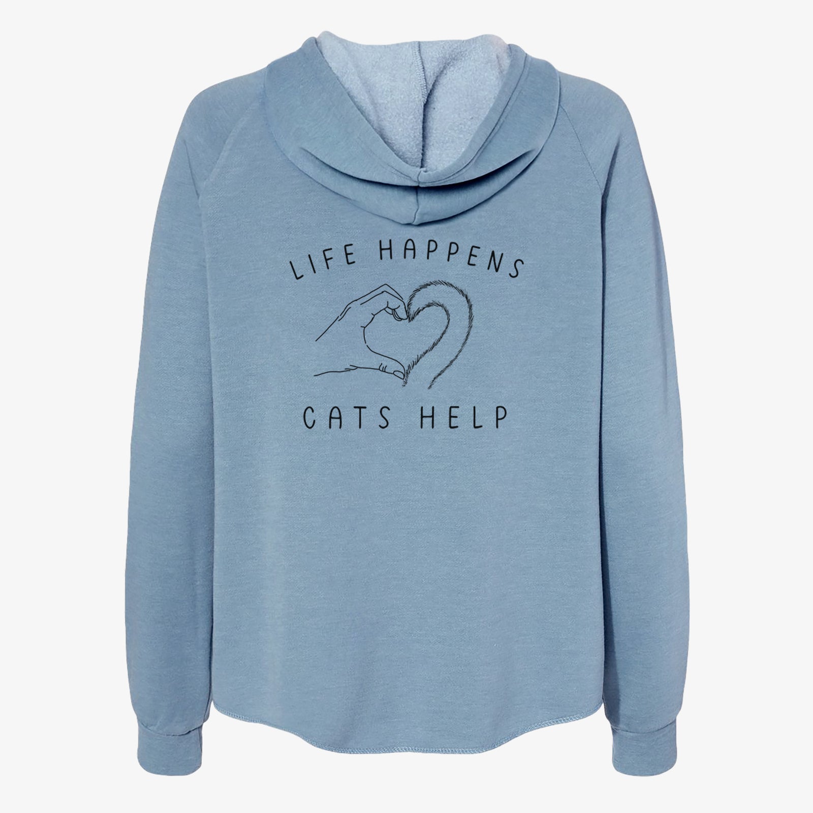 'Life Happens Cats Help' design on a Misty Blue Women's cali wave zip-up sweatshirt