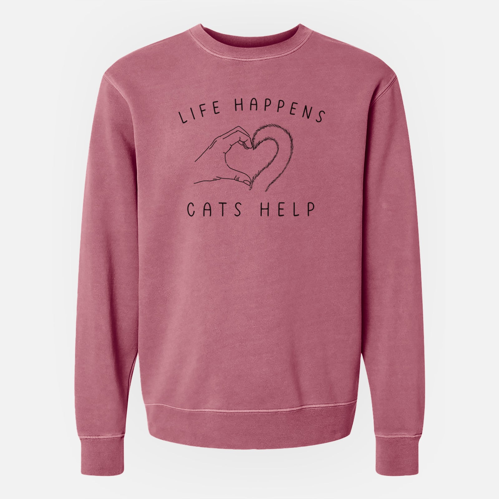 'Life Happens Cats Help' design on a Maroon Unisex pigment dyed crew sweatshirt