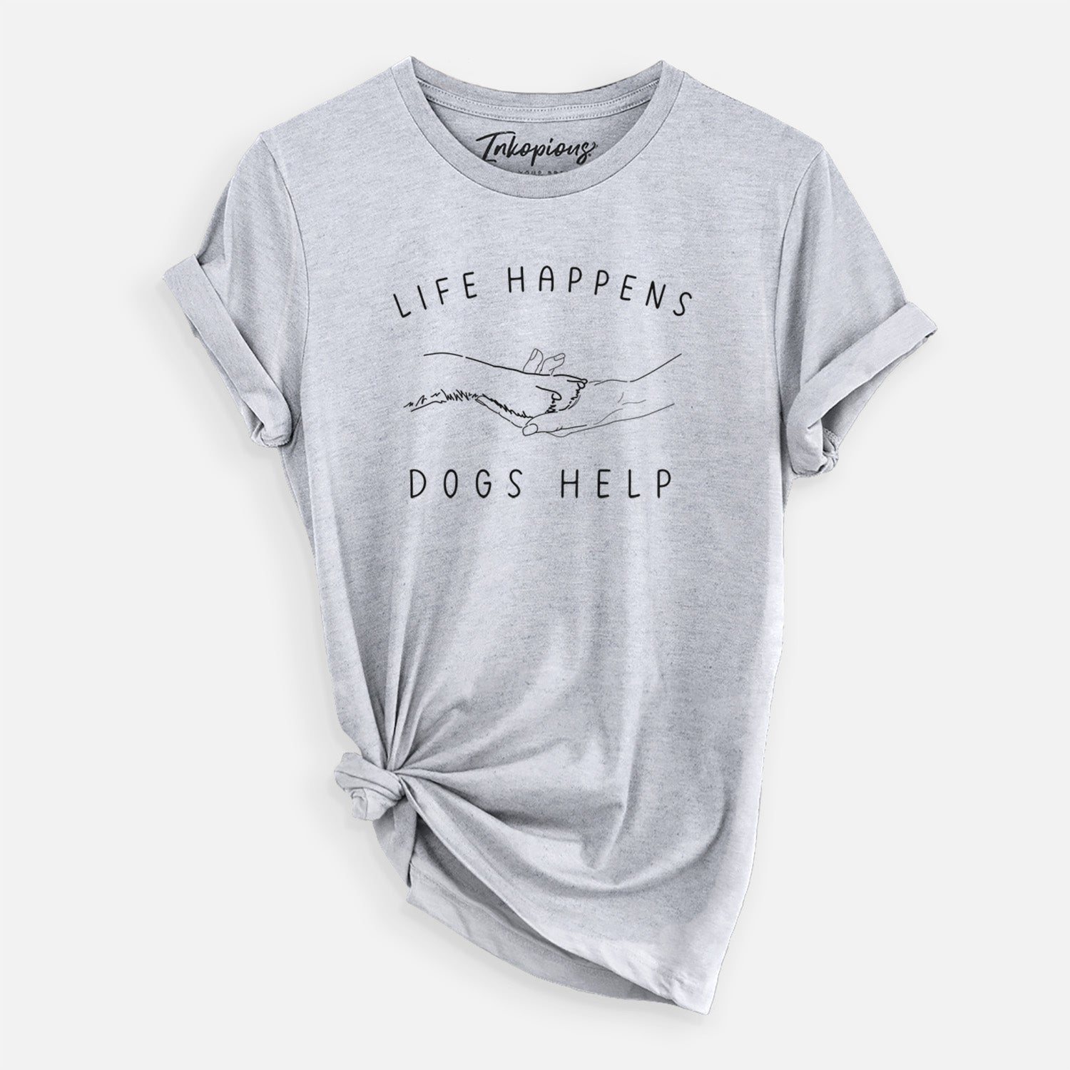 'Life Happens Dogs Help - Paw' design on a Grey Unisex crewneck, worn by a woman