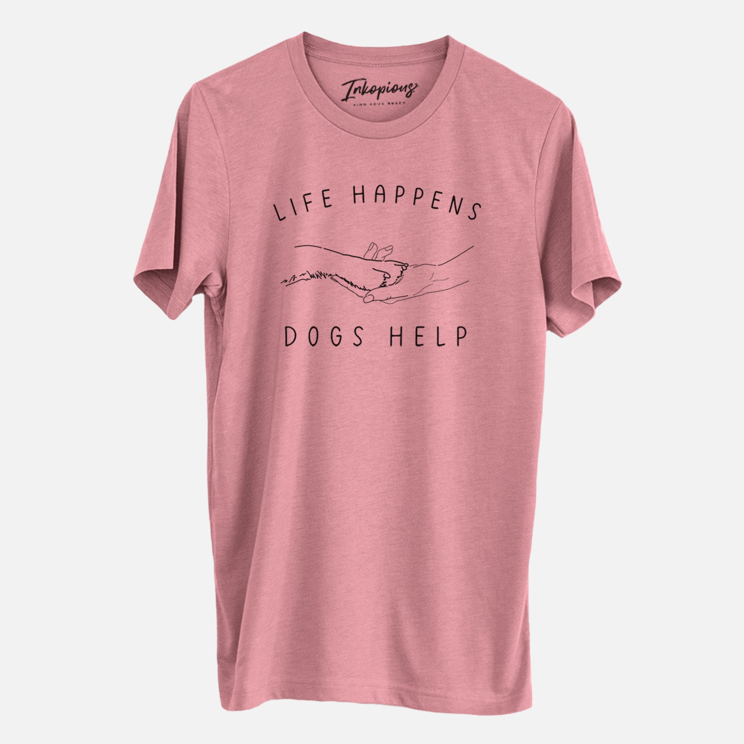 'Life Happens Dogs Help - Paw' design on a Mauve Unisex crewneck, worn by a man
