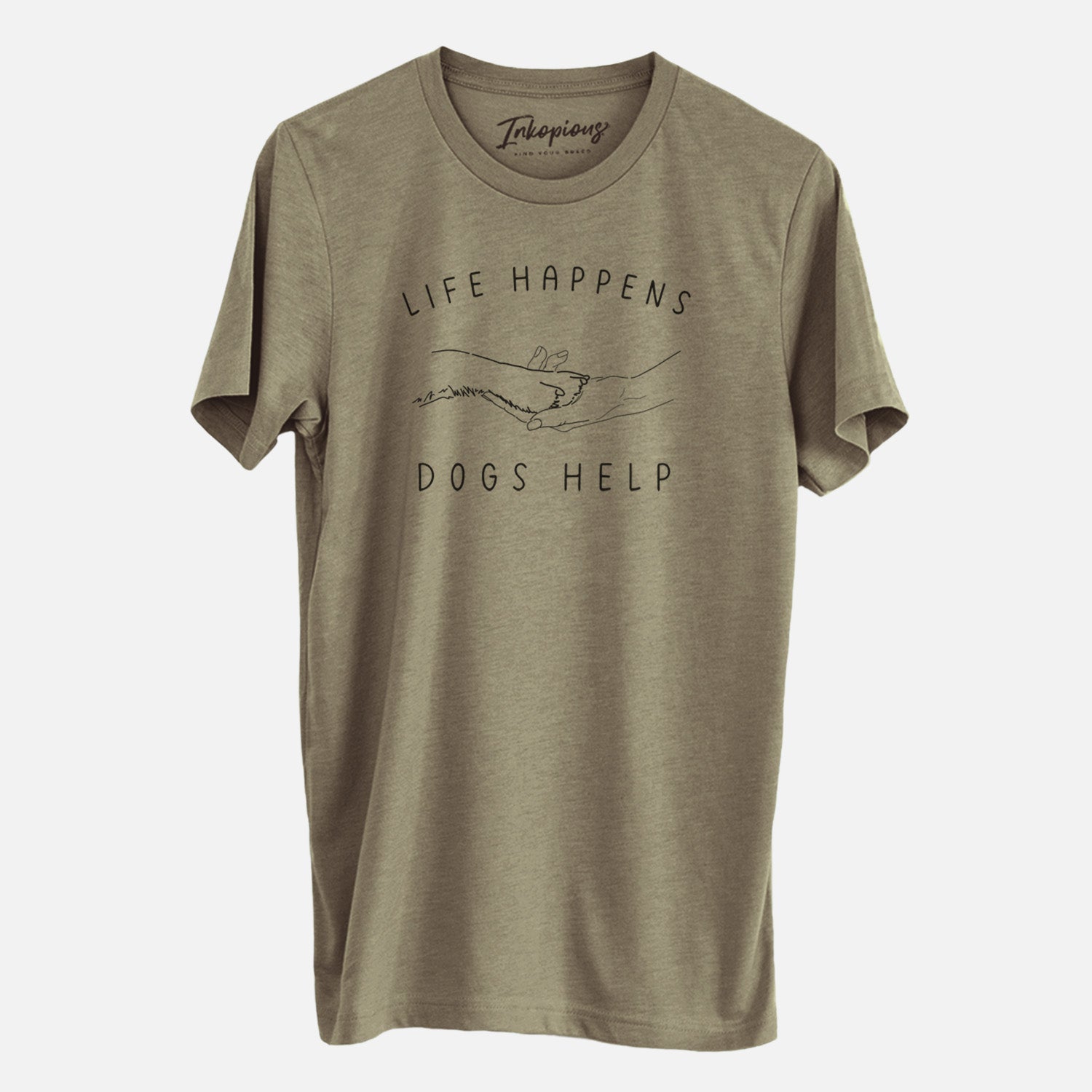 'Life Happens Dogs Help - Paw' design on an Olive Unisex crewneck, worn by a man