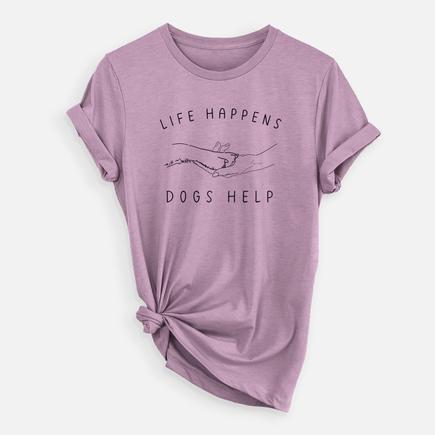 'Life Happens Dogs Help - Paw' design on an Orchid Unisex crewneck, worn by a woman