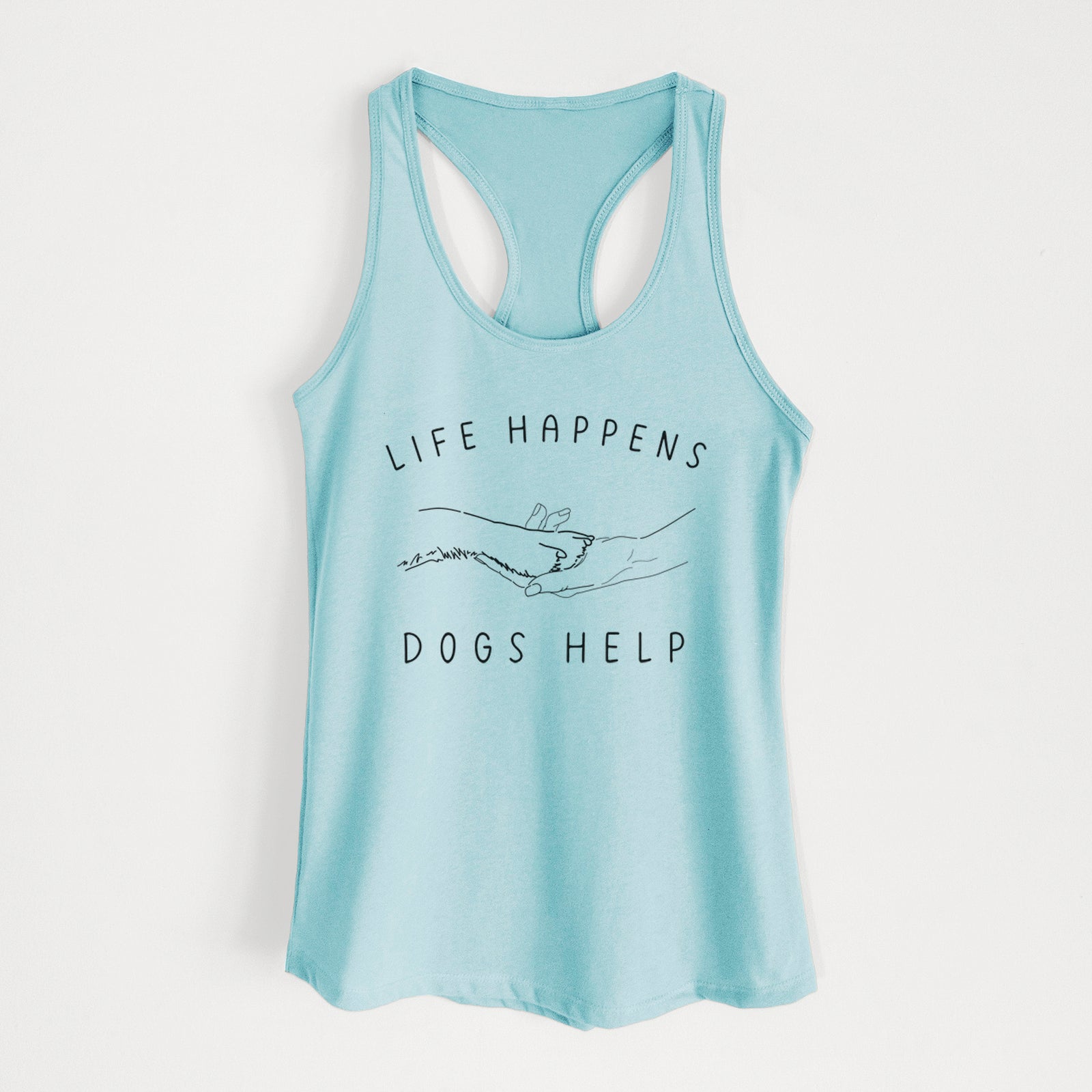 'Life Happens Dogs Help - Paw' design on a Cancun Blue Women's racerback tanktop