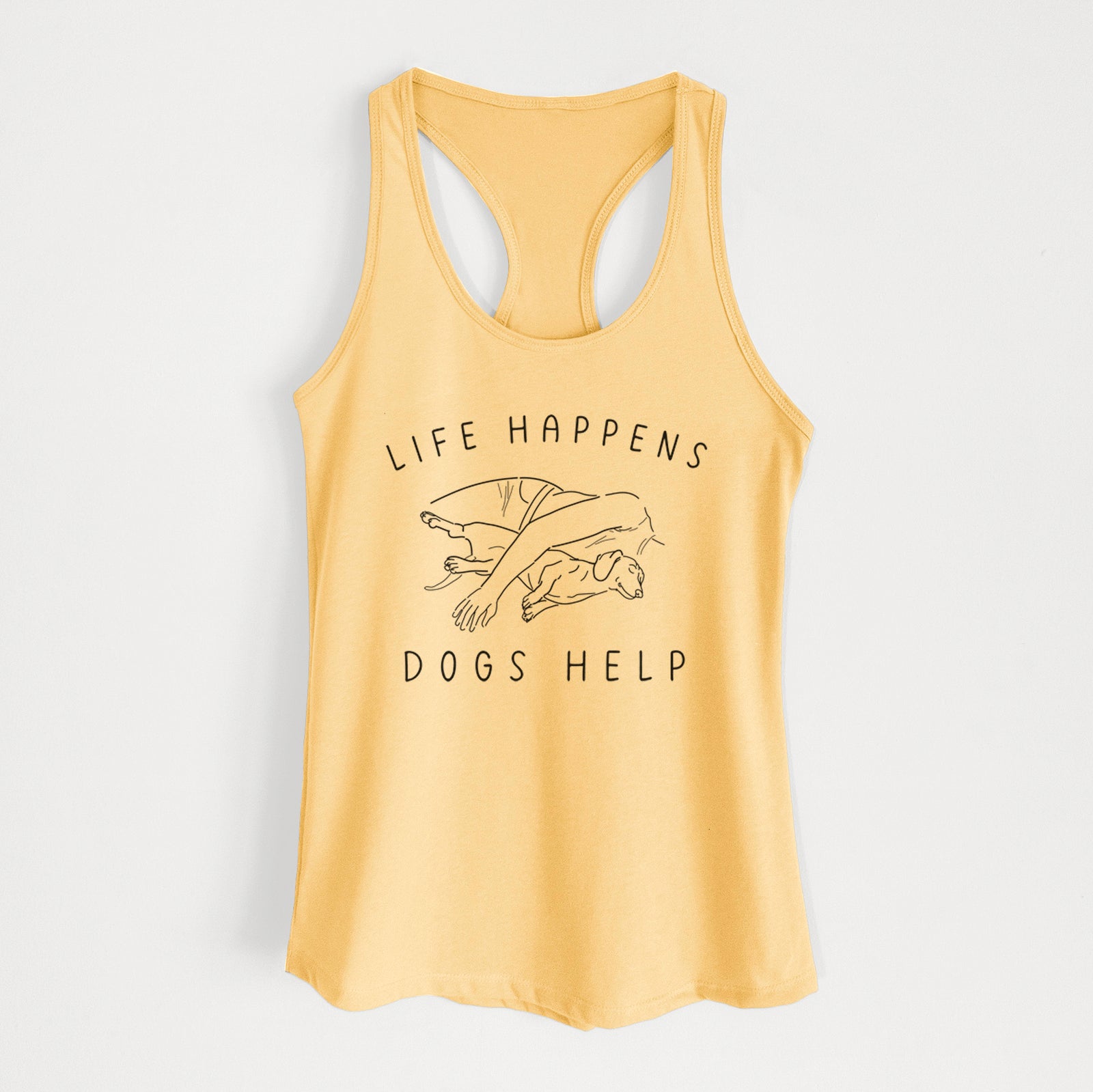 'Life Happens Dogs Help - Dachshund' design on a Banana Cream Women's racerback tanktop
