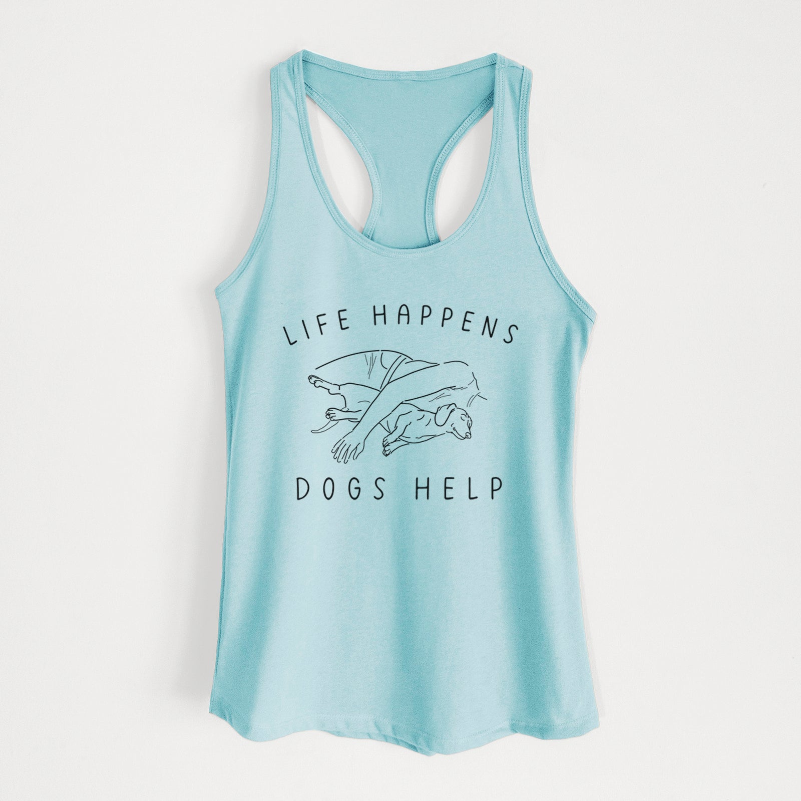 'Life Happens Dogs Help - Dachshund' design on a Cancun Blue Women's racerback tanktop