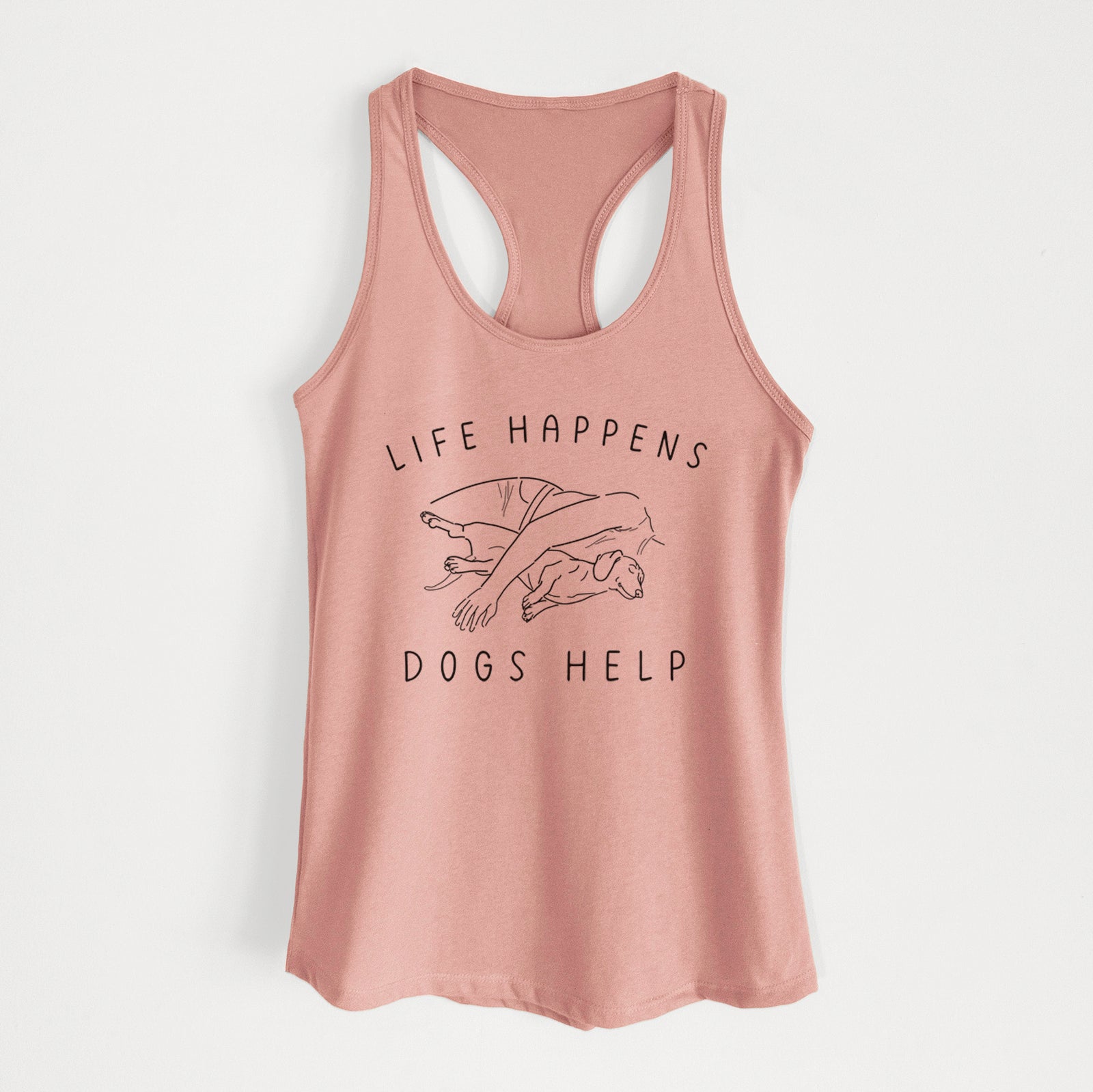 'Life Happens Dogs Help - Dachshund' design on a Desert Pink Women's racerback tanktop