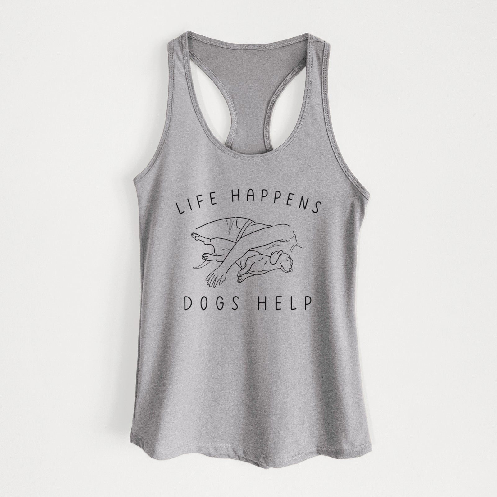 'Life Happens Dogs Help - Dachshund' design on a Heather Grey Women's racerback tanktop
