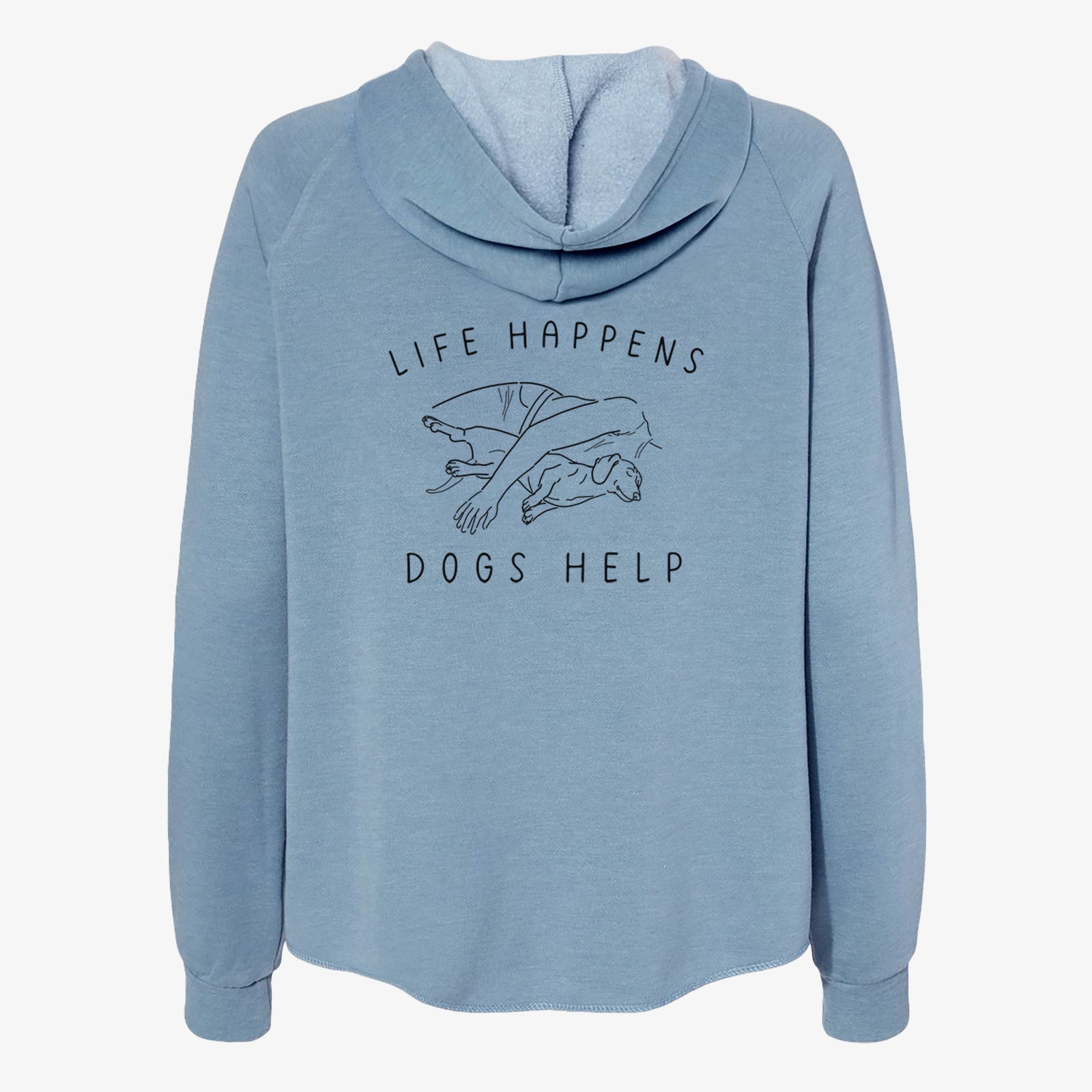 'Life Happens Dogs Help - Dachshund' design on a Misty Blue Women's cali wave zip-up sweatshirt