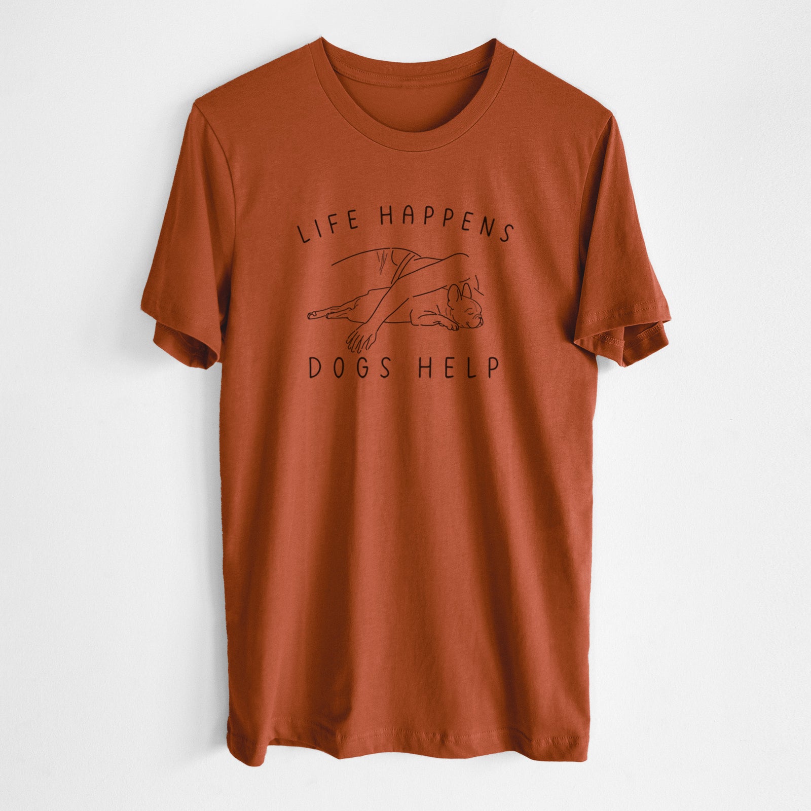 'Life Happens Dogs Help - French Bulldog' design on an Autumn Unisex crewneck, worn by a man