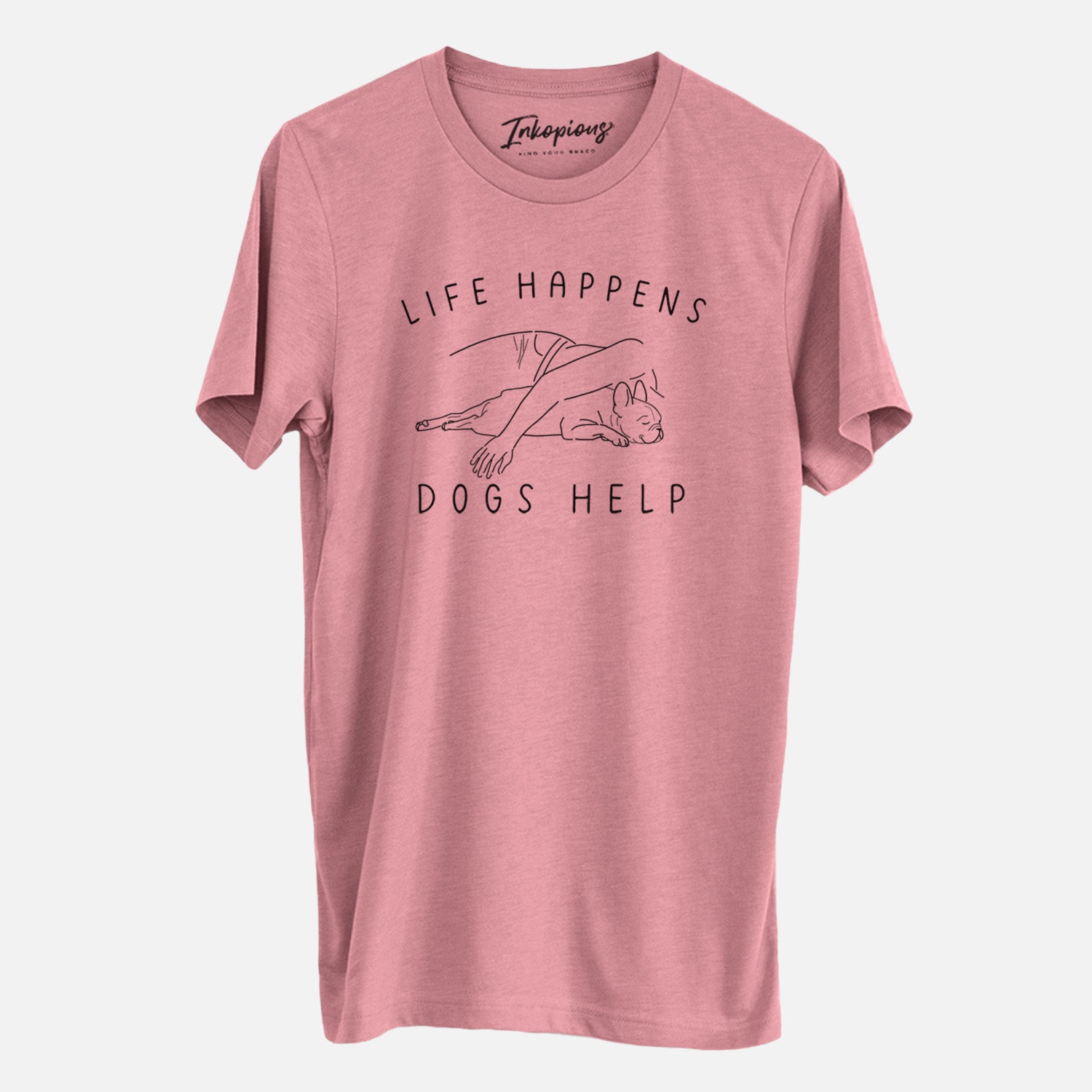 'Life Happens Dogs Help - French Bulldog' design on a Mauve Unisex crewneck, worn by a man