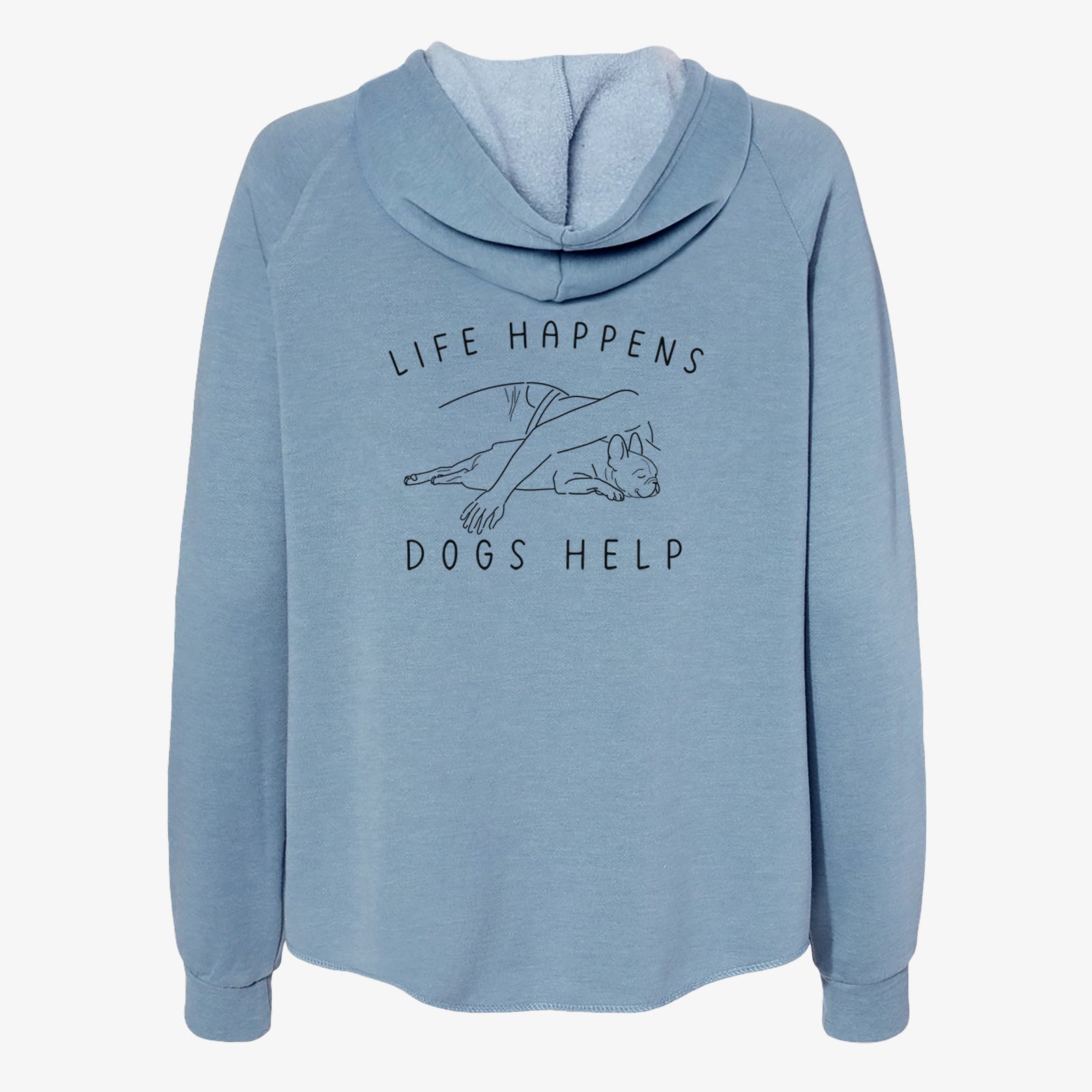'Life Happens Dogs Help - French Bulldog' design on a Misty Blue Women's cali wave zip-up sweatshirt