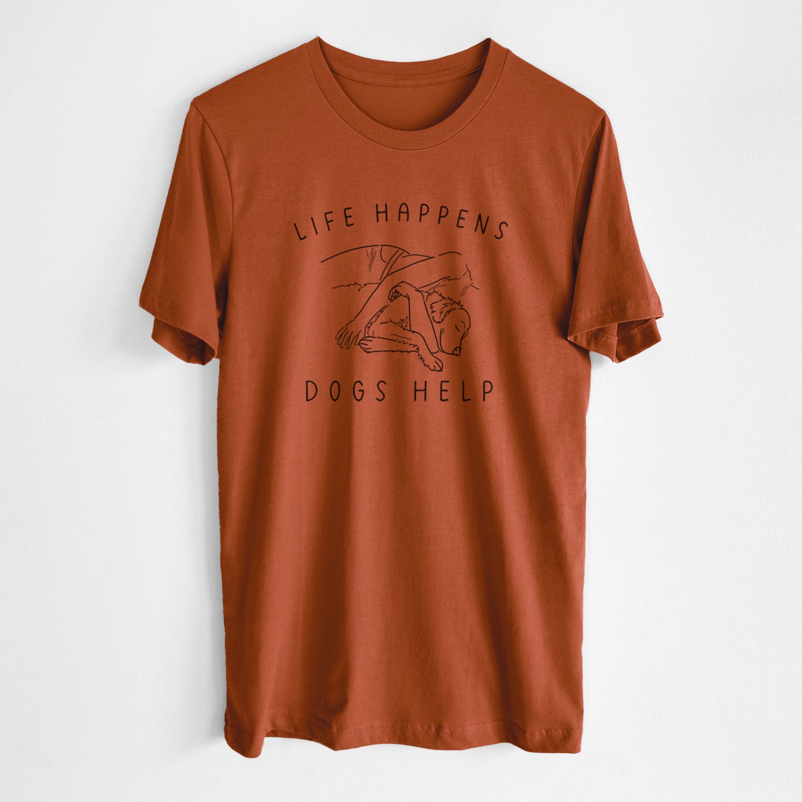 'Life Happens Dogs Help - Golden Retriever' design on an Autumn Unisex crewneck, worn by a man