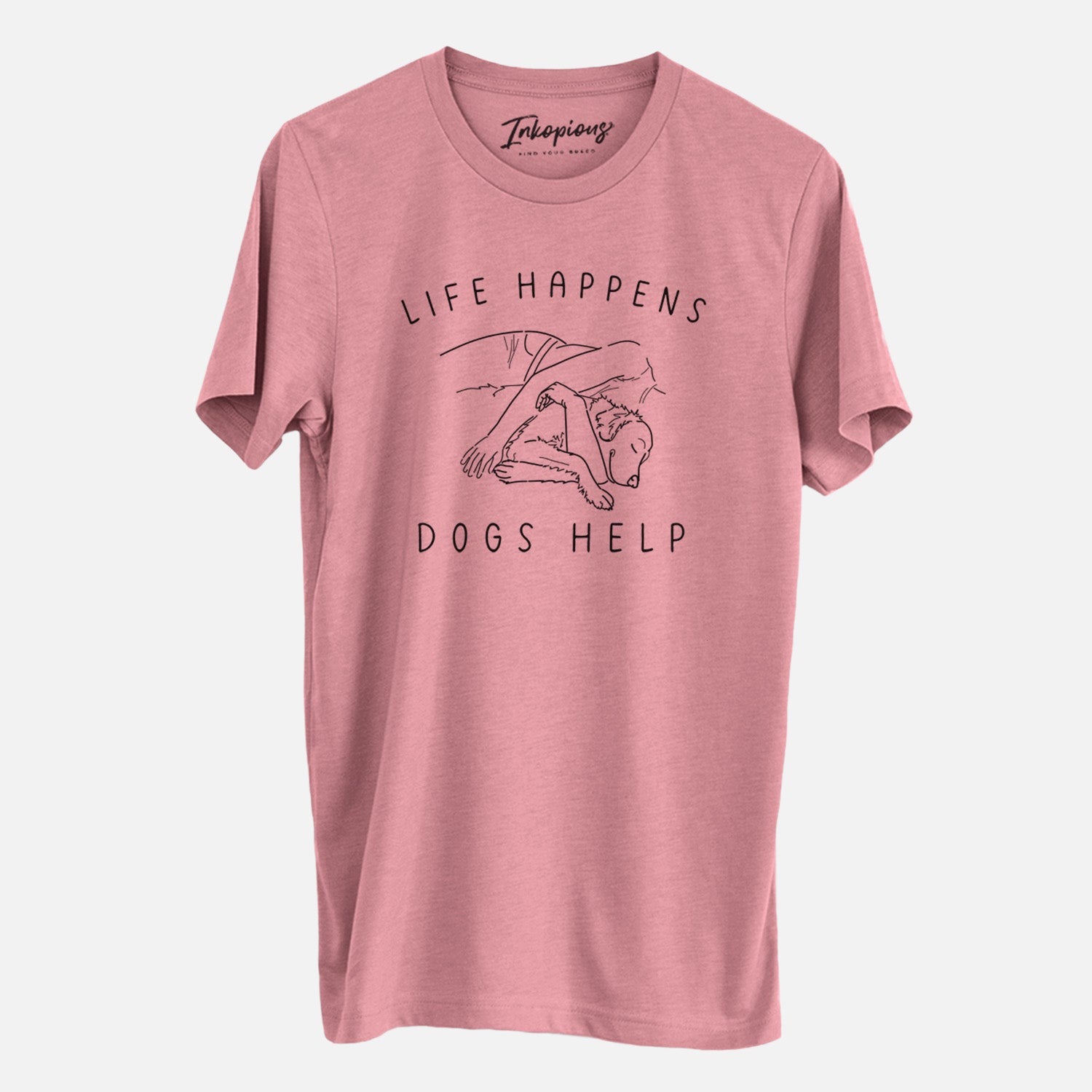 'Life Happens Dogs Help - Golden Retriever' design on a Mauve Unisex crewneck, worn by a man
