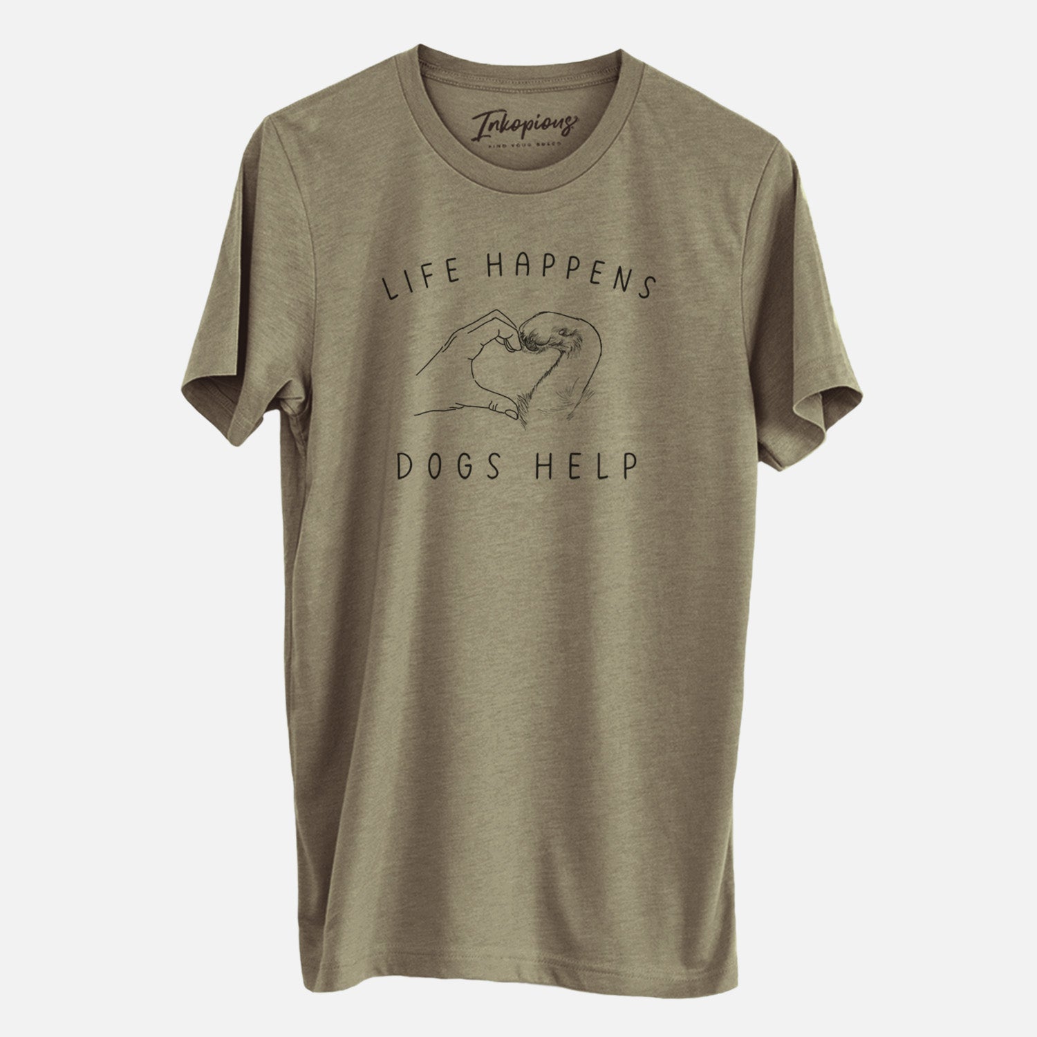'Life Happens Dogs Help - Paw Hand Heart' design on an Olive Unisex crewneck, worn by a man