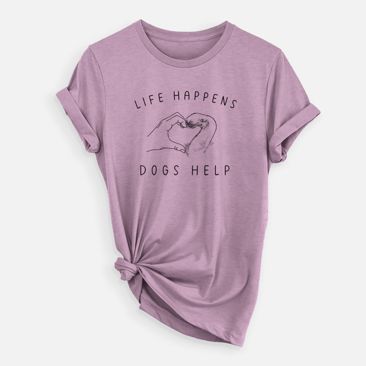 'Life Happens Dogs Help - Paw Hand Heart' design on an Orchid Unisex crewneck, worn by a woman