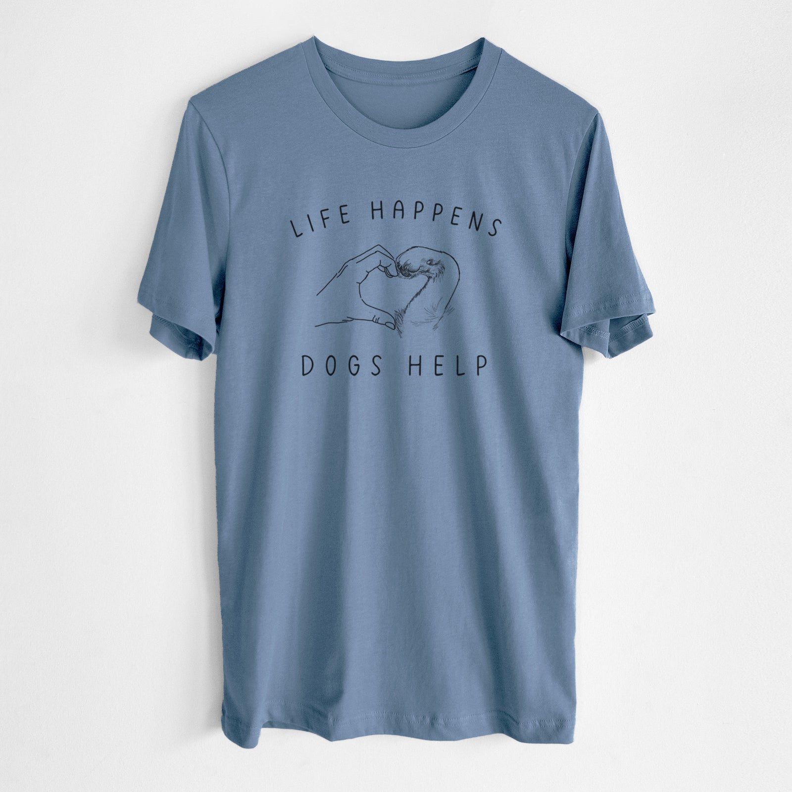 'Life Happens Dogs Help - Paw Hand Heart' design on a Steel Blue Unisex crewneck, worn by a man