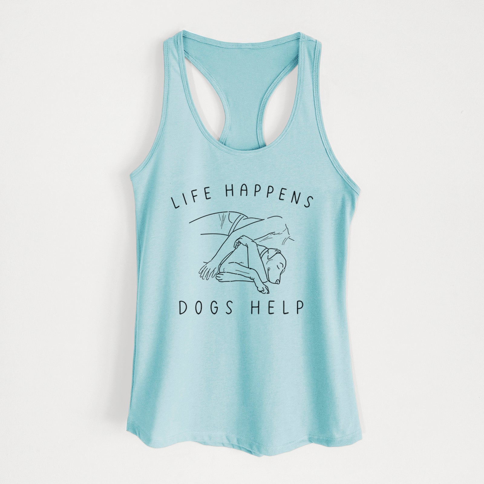 'Life Happens Dogs Help - Labrador' design on a Cancun Blue Women's racerback tanktop