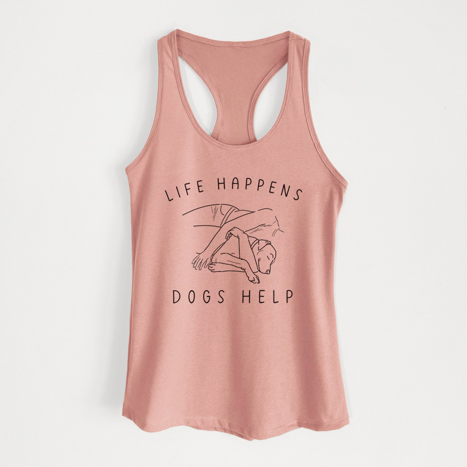 'Life Happens Dogs Help - Labrador' design on a Desert Pink Women's racerback tanktop