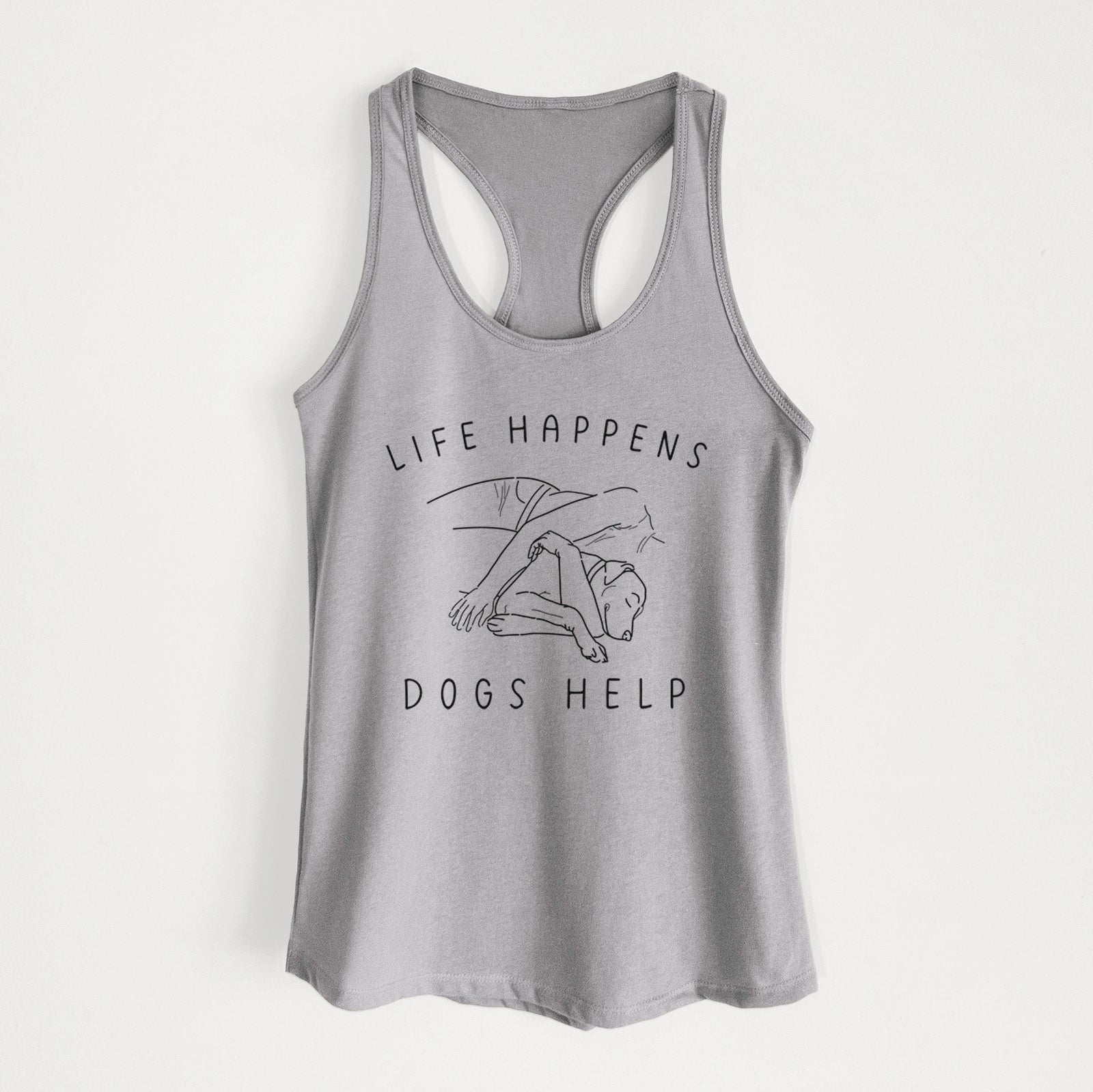 'Life Happens Dogs Help - Labrador' design on a Heather Grey Women's racerback tanktop