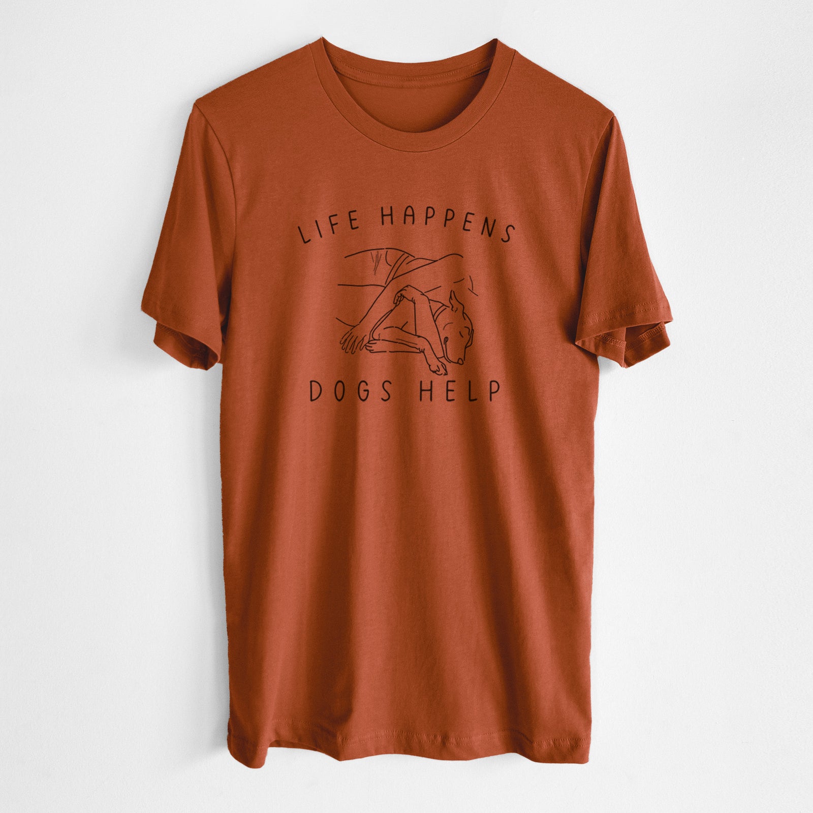 'Life Happens Dogs Help' design on an Autumn Unisex crewneck, worn by a man