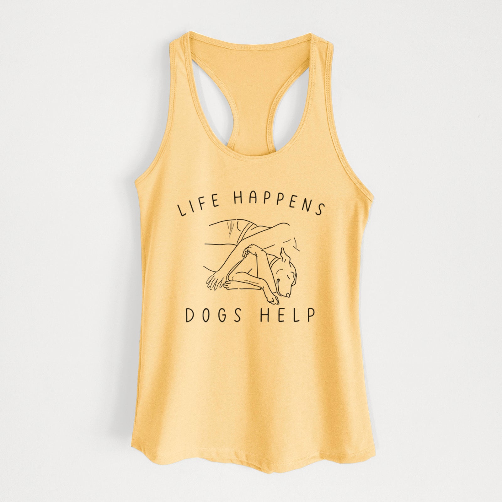'Life Happens Dogs Help' design on a Banana Cream Women's racerback tanktop