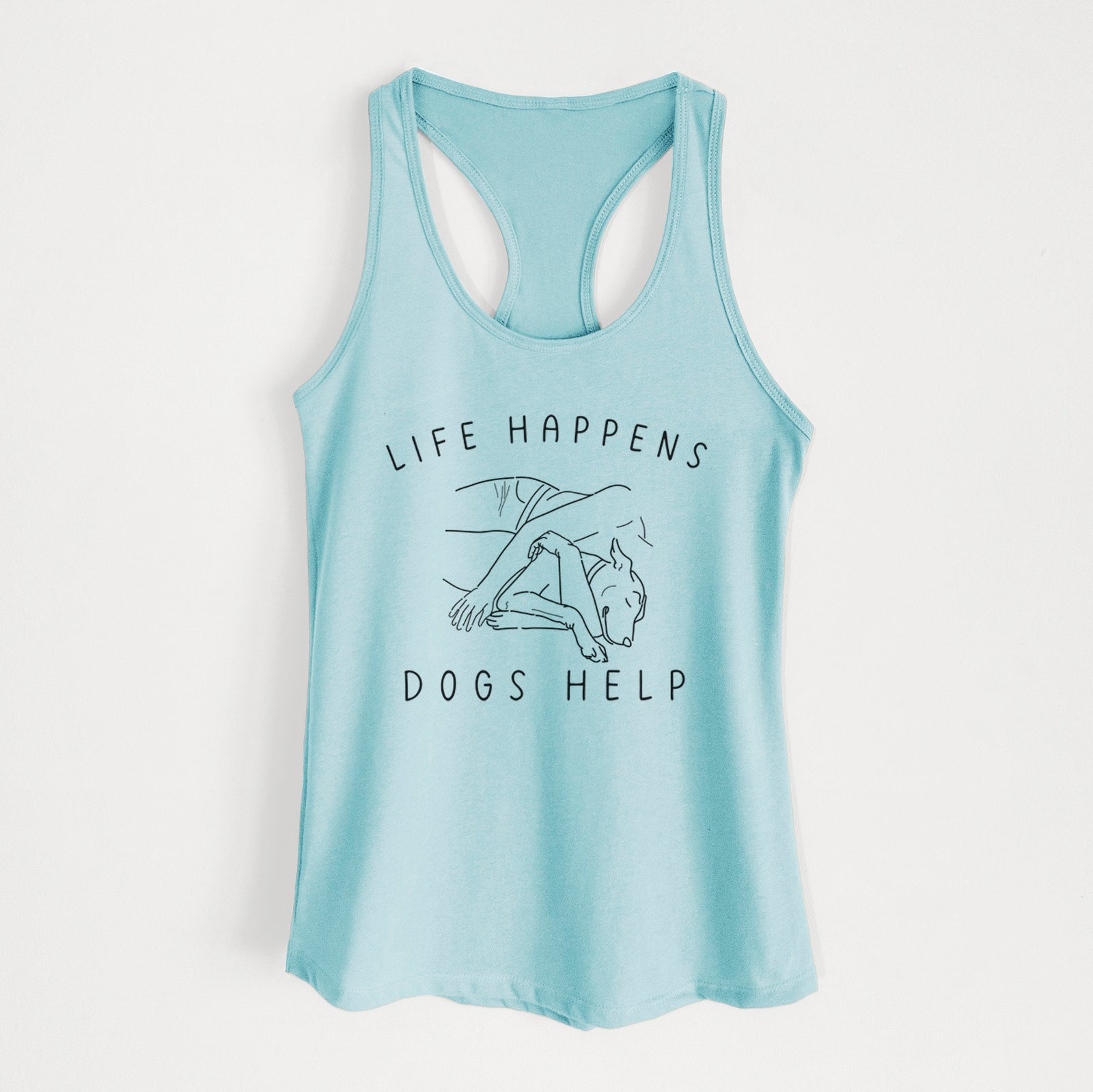 'Life Happens Dogs Help' design on a Cancun Blue Women's racerback tanktop
