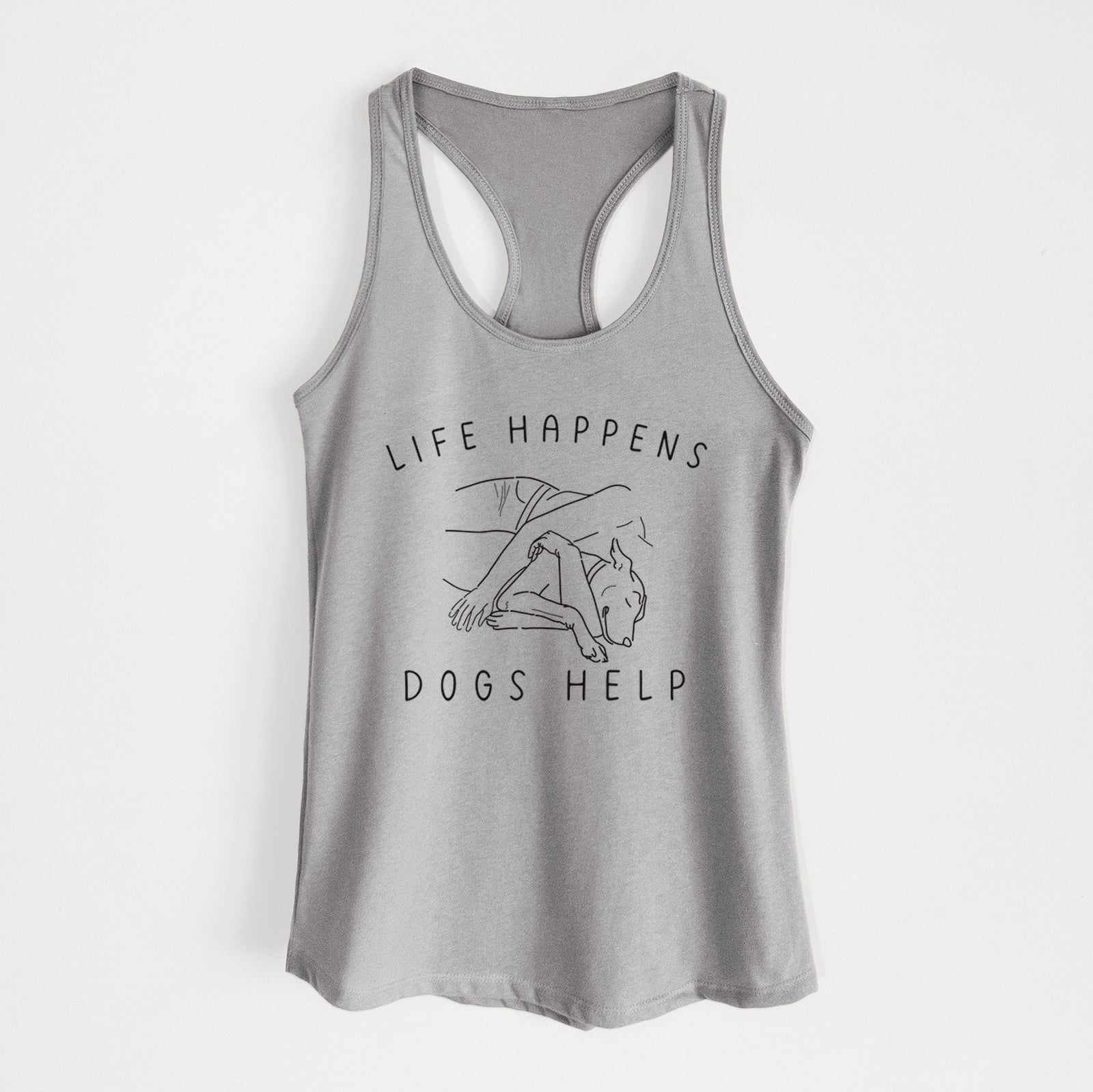 'Life Happens Dogs Help' design on a Heather Grey Women's racerback tanktop