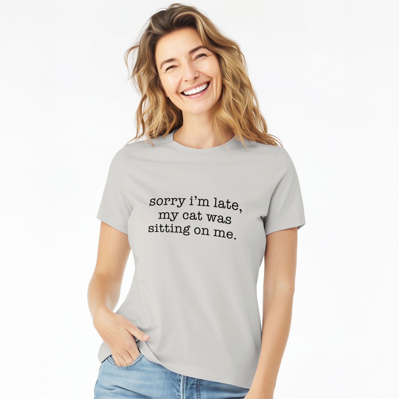 Sorry I'm Late, My Cat Was Sitting On Me. - Women's Lightweight Relaxed Fit 100% Cotton Crewneck