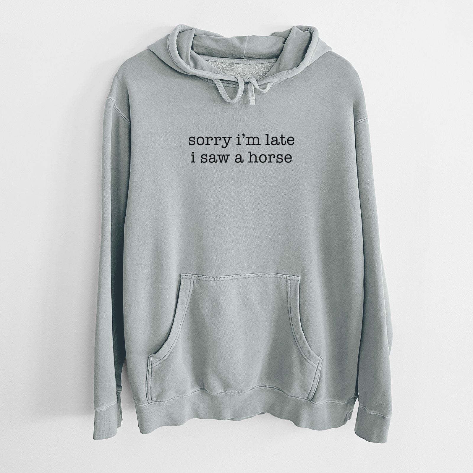 'Sorry I'm Late I Saw a Horse' design on a Sage Unisex pigment dyed hoodie